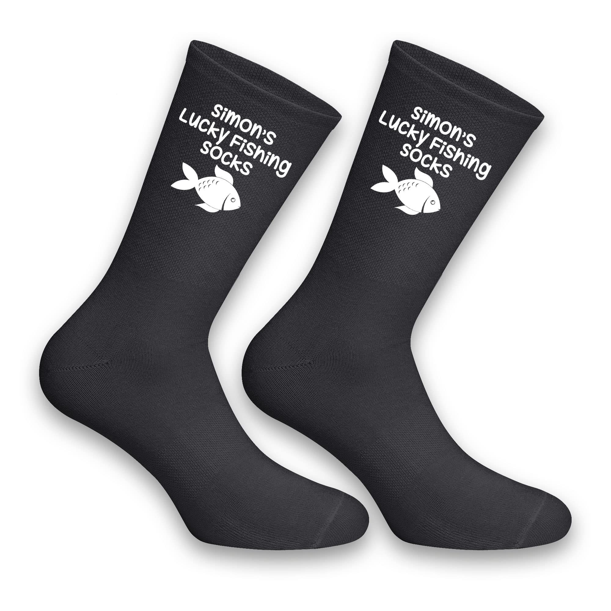 FancyagiftPersonalised Lucky Fishing Socks, Personalised, Add Name, Grandad, Dad, Friend Gift, Fishing Gift, Lucky Socks, Fishing Fan, Black, White, L