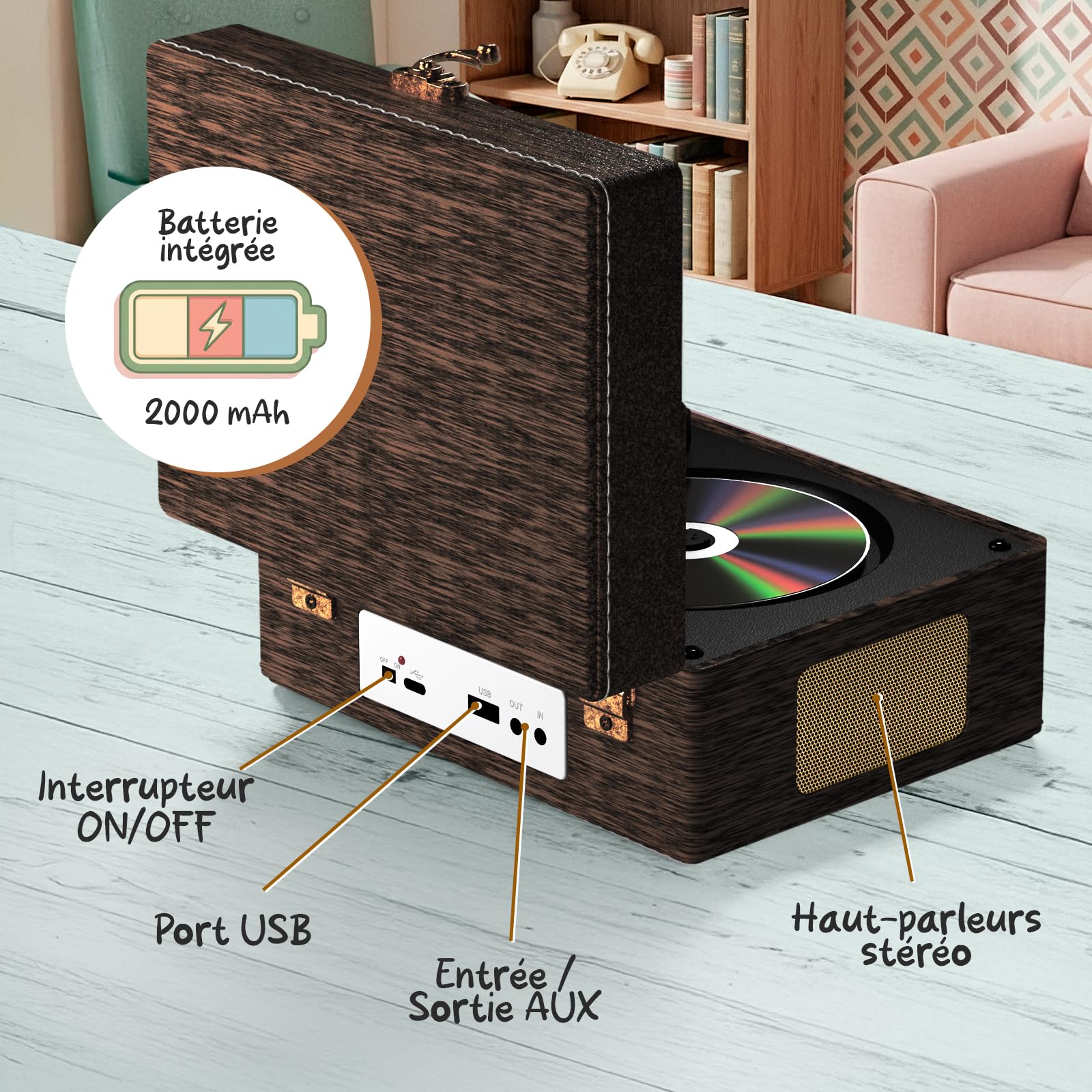 Lecteur CD Retro Vintage - AUX USB - Enceintes et Bluetooth - Rechargeable