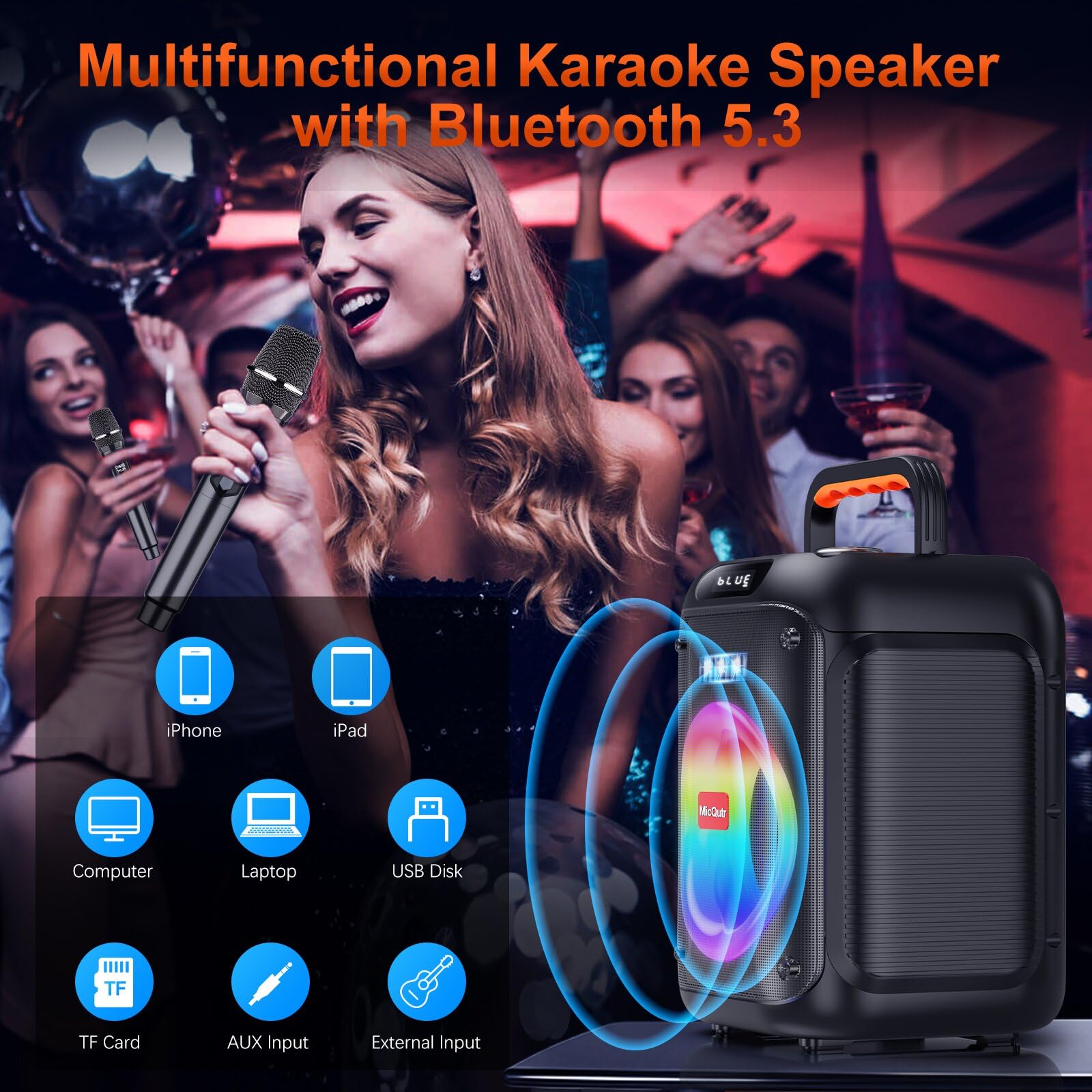 Karaoke-Maschine mit 2 Mikrofonen für Erwachsene Kinder, Bluetooth-Caraoke-Lautsprecher mit Bass/Höhenverstellung, PA-System mit Fernbedienung/LED-Lichter, unterstützt Rec/USB/AUX (dunkelschwarz)