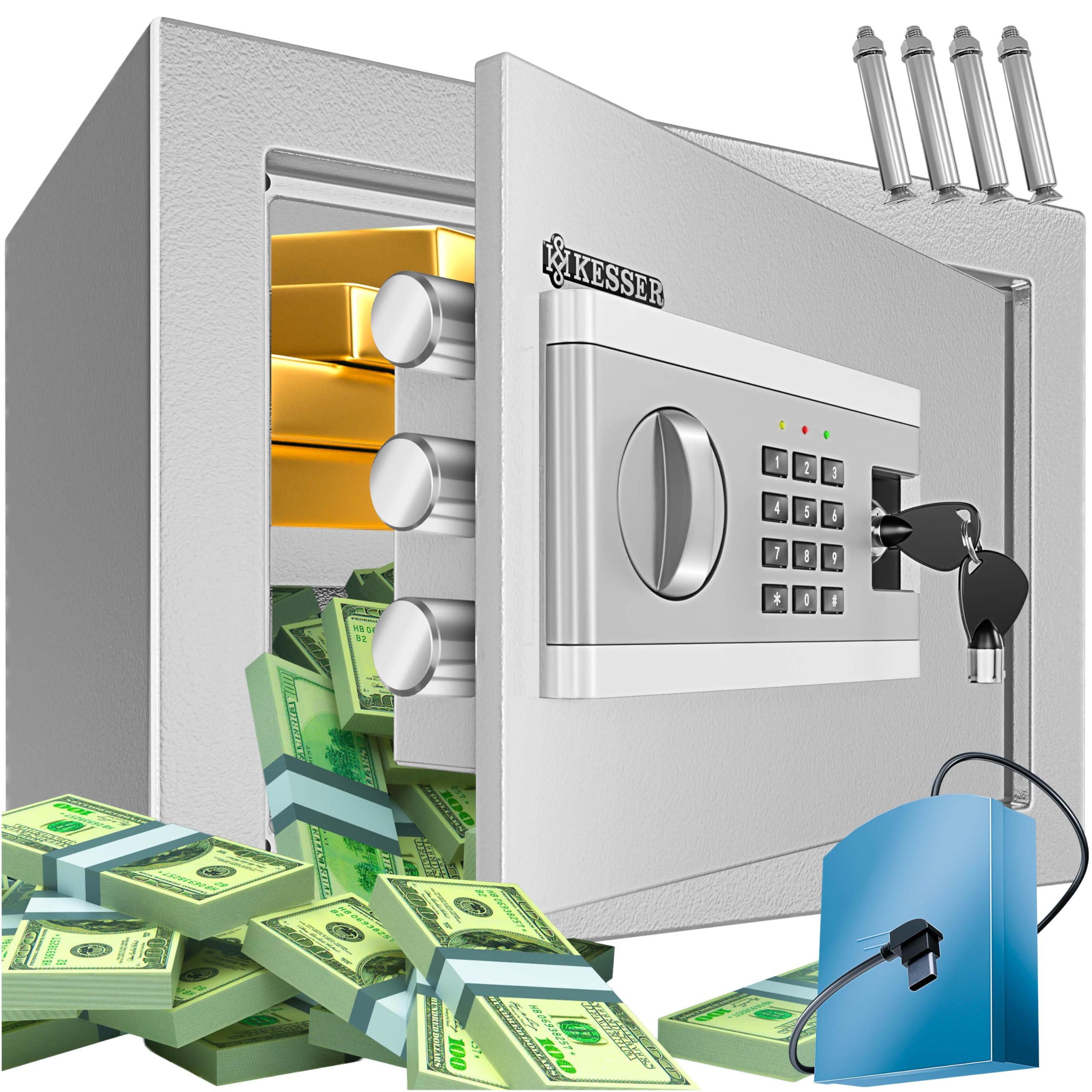 KESSER® Elektronischer Tresor | 35x25x25cm | Inkl. Batteriebox | Elektronischer Safe | 3x Doppelbolzenverriegelung | Boden Wandtresor | Möbeltresor | Innenbeleuchtung | Panzerschrank Zahlenschloss