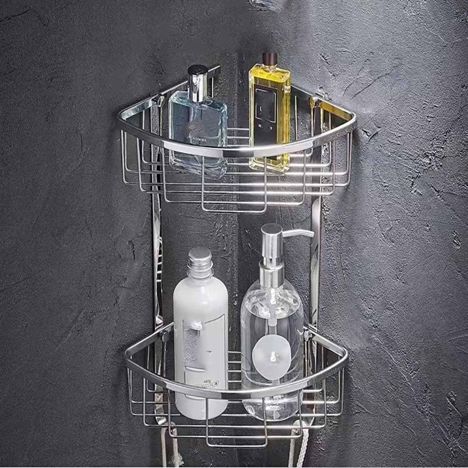 Organizador de ducha de doble esquina con estante de latón macizo, cesta de organización de baño de 2 niveles