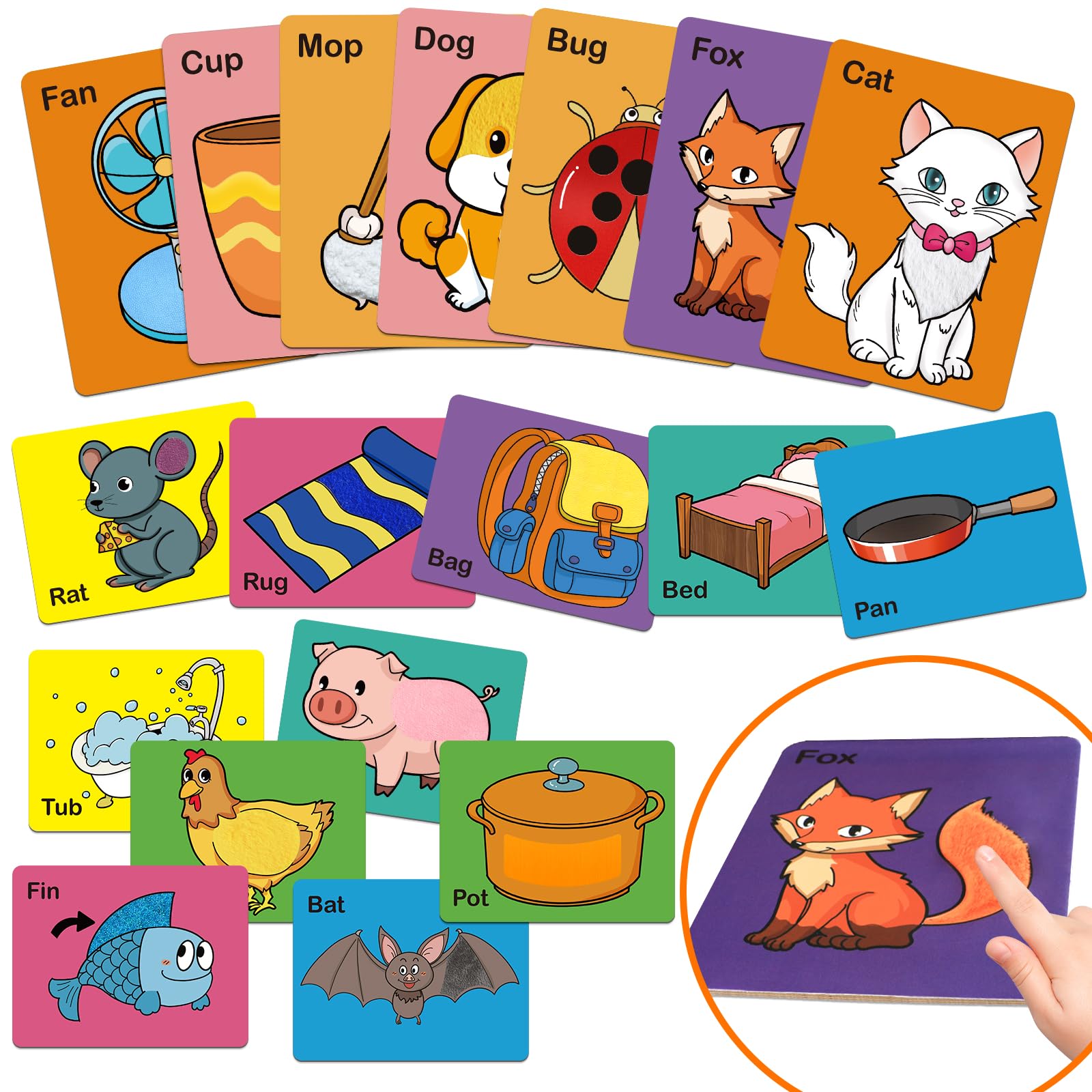 Kasfalci Touch & Feel Flash Cards for Toddlers 1-3,CVC Word Games,Tactile Sensory Toys for Babies Kids,Autism Sensory Products,Texture Sensory Play Mats,Speech Therapy,Learn Animals and Items
