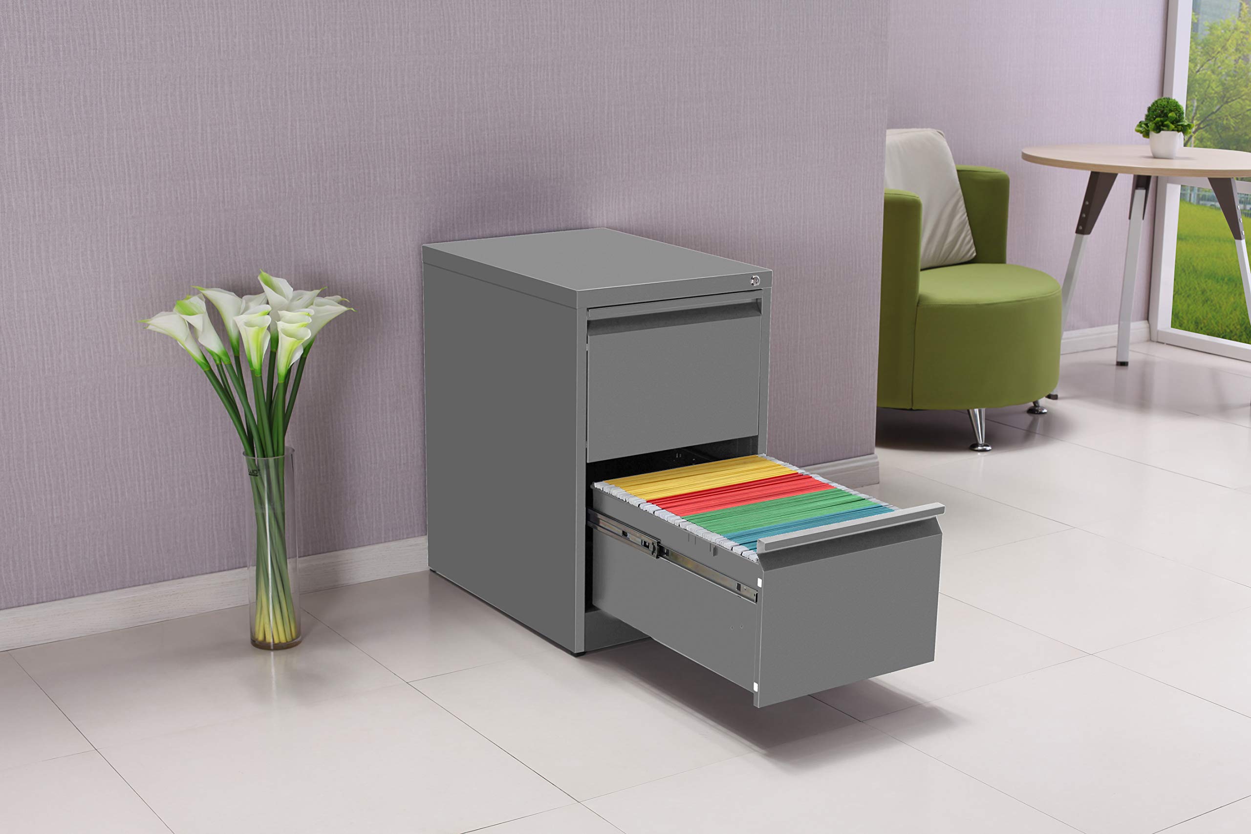 OFITURIA ® Archivador Metálico Organizativo De Oficina Gris RAL9006 con 2 Cajones para Carpetas DIN A4 Y Folio, Documentos con Llave, 62 X 46 X 72