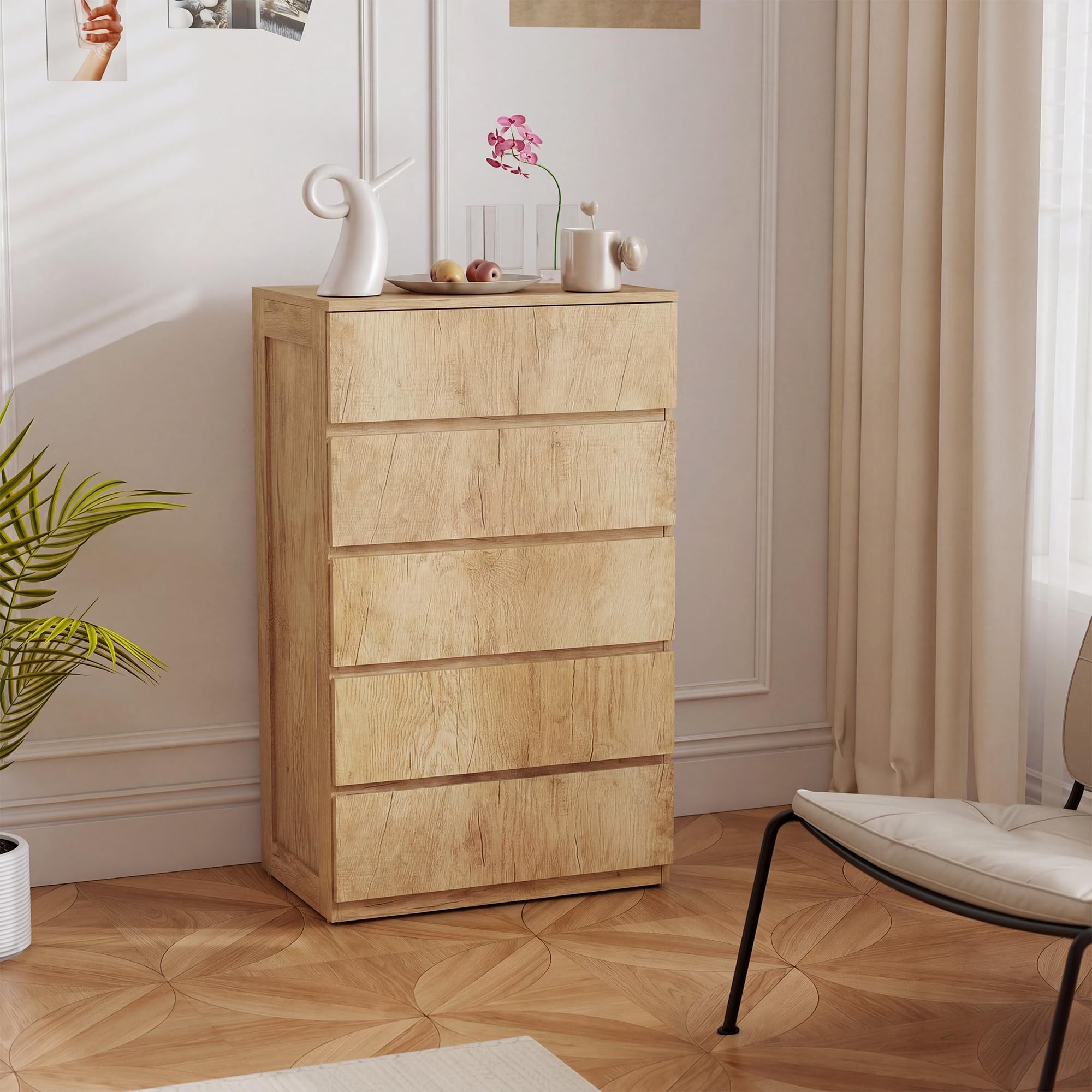 HOMCOM Cómoda 5 Cajones Diseño sin Tiradores 60x39x100 cm Madera Natural | Cómoda Dormitorio Moderna, Sinfonier, Cajonera para Sala de Estar, Comedor, Entrada
