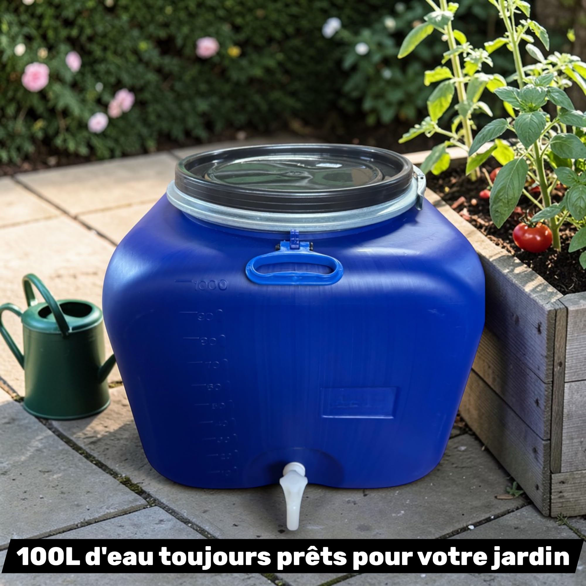 Jordan & Jordan — Bidon Cube 100L Blanc PEHD — 50×50×50cm — Ouverture Ø34cm Cerclage Levier + Robinet — Certifié Alimentaire sans BPA