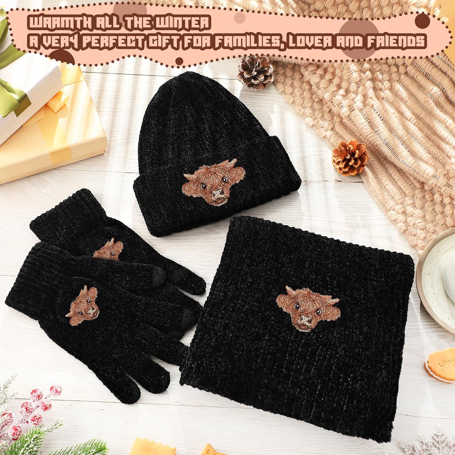 Jecery Winter Knit Hat Warm Beanie Long Scarf Touch Screen Gloves Set Knit Long Neck Scarves Skull Cap Gloves for Women Men
