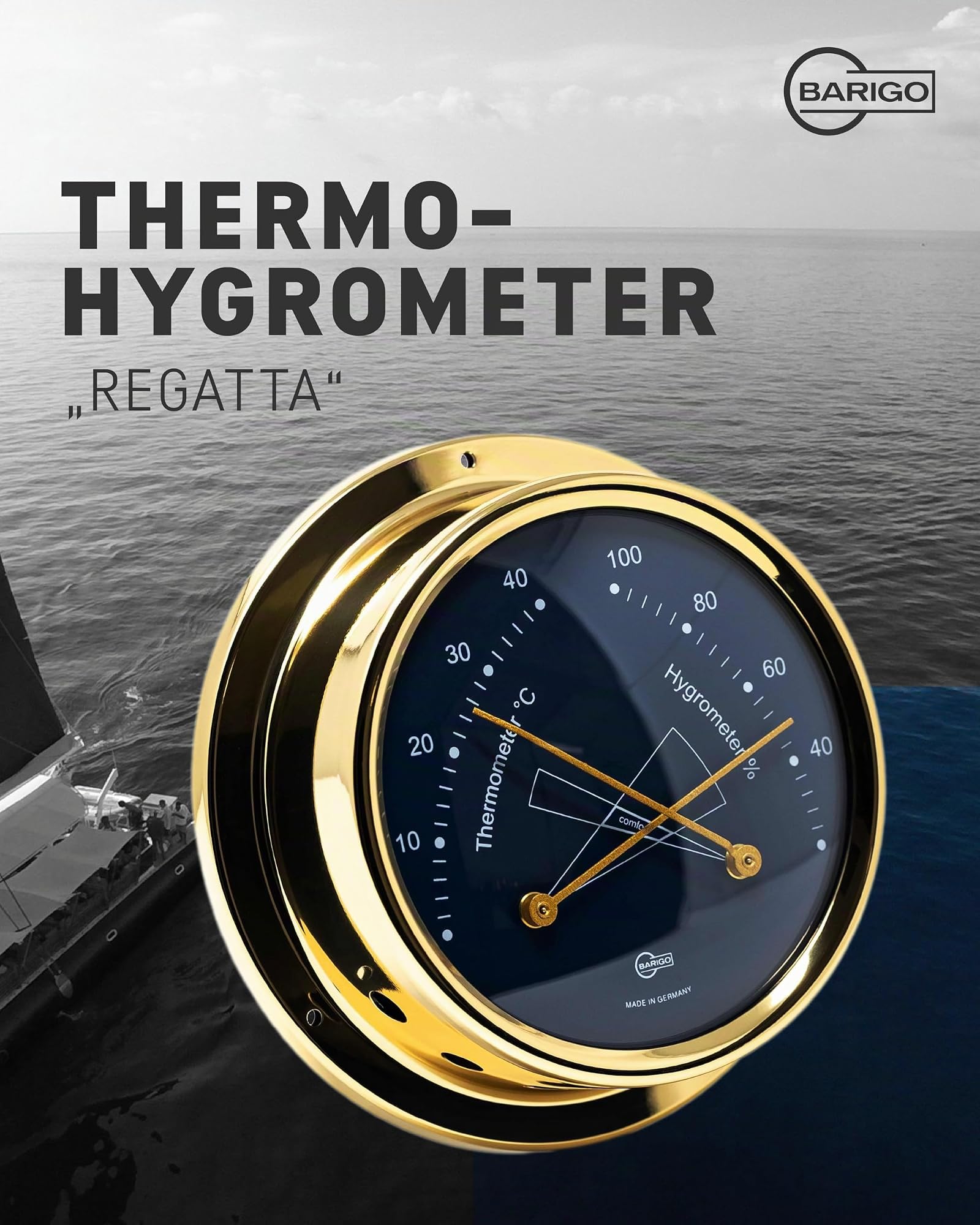 BARIGO 984MSBL REGATTA Thermo-Hygrometer, Glas, Messing poliert