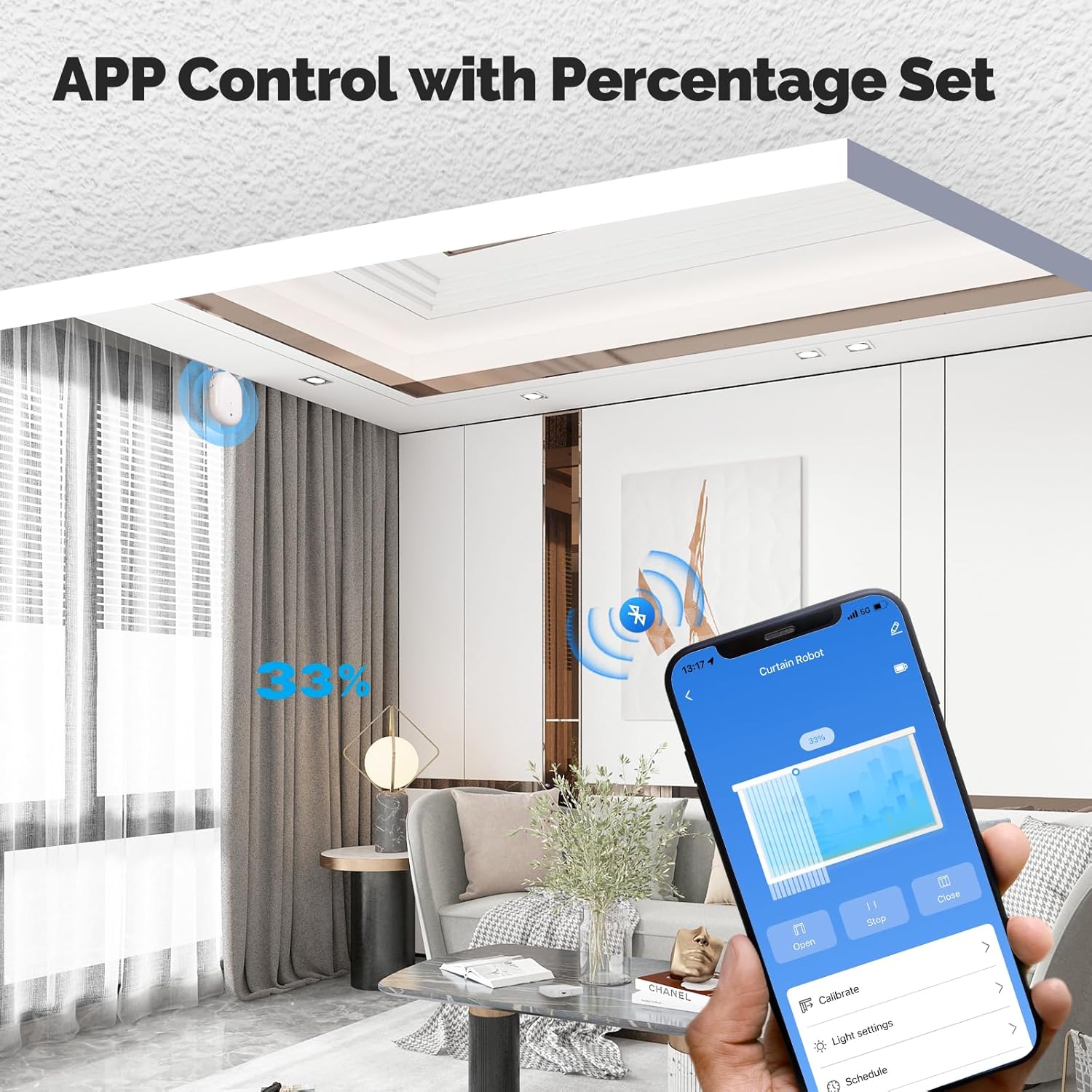 Smartphone screen showing the Smart Life app interface controlling a curtain robot, with options to open, stop, close, and set percentage.