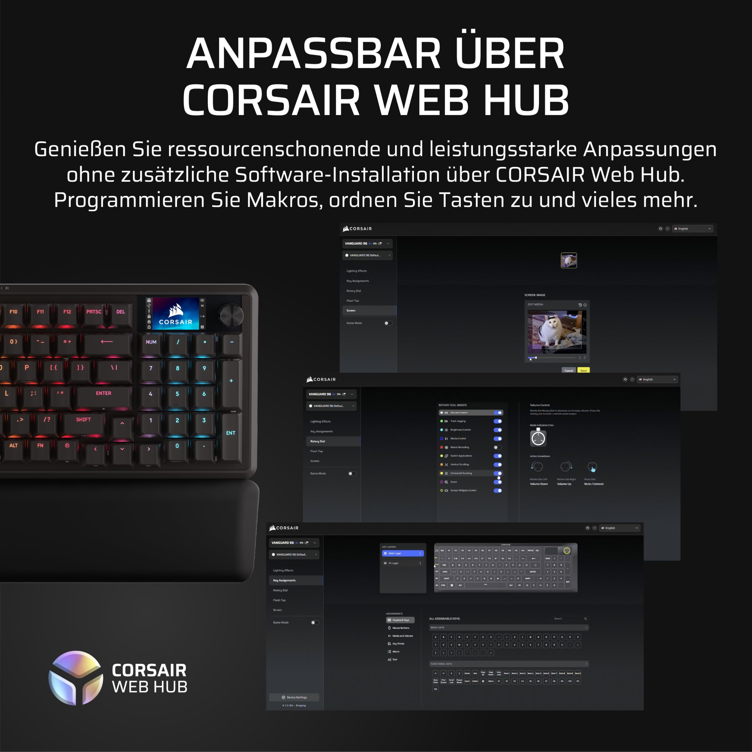 Corsair Vanguard 96 Kabelgebundene Mechanische Gaming-Tastatur – Schwarz | QWERTZ DE, 96% Layout, MLX Plasma-Linearschalter, 8000Hz-Polling, LCD-Display, Virtual Stream Deck, G-Tasten, SOCD Flashtap
