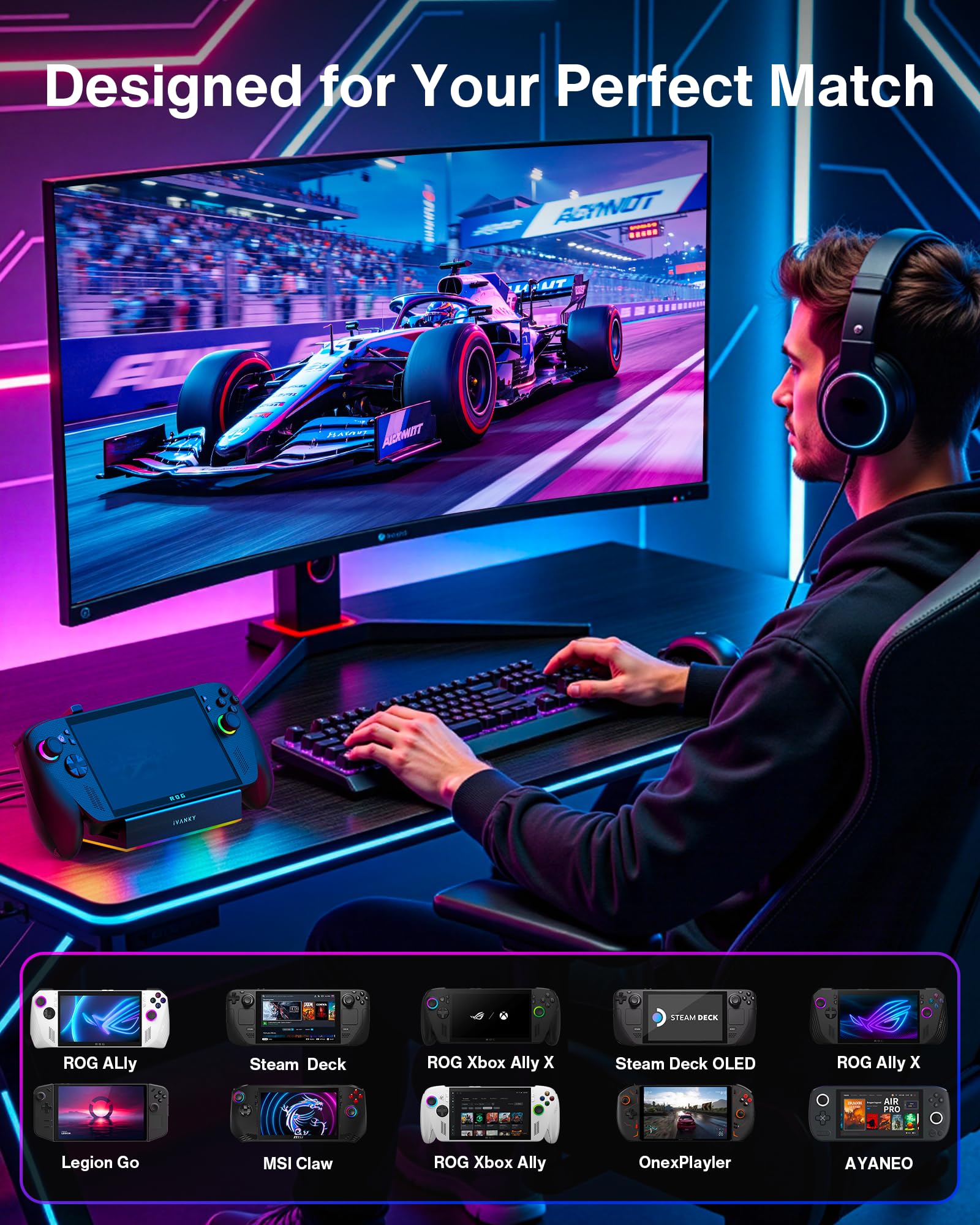 iVANKY 14-in-1 RGB Pieghevole 4K@120Hz ROG Ally X Dock con HDMI 2.1, USB 3.2 10Gbps, Carica USB-C da 100W, Ethernet da 1Gbps, slot SD/TF, Docking Station per Lenovo Legion go/Valve Steam Deck OLED