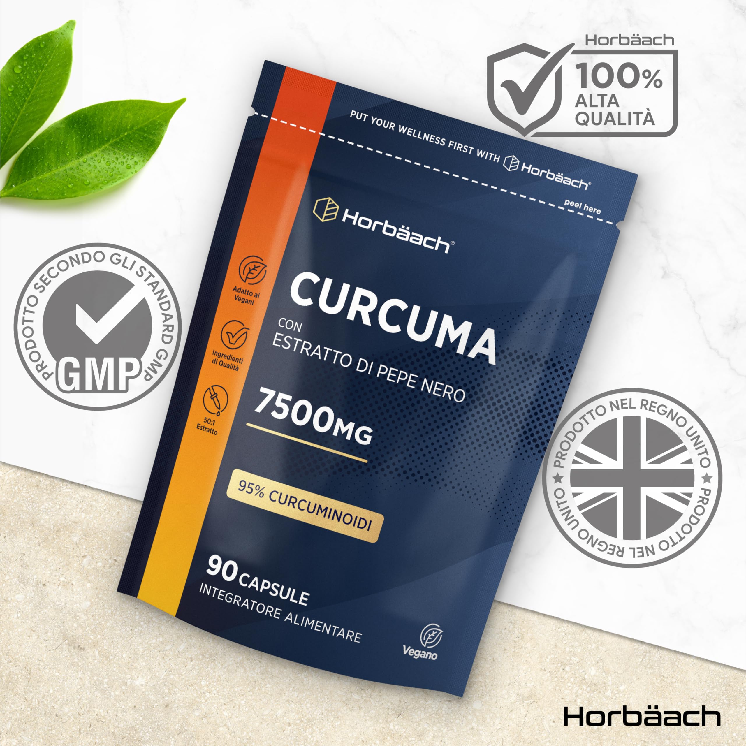 Curcuma Capsule 7500mg | Alta Dosaggio | Curcumina e Piperina | Turmeric and Black Pepper | Horbaach