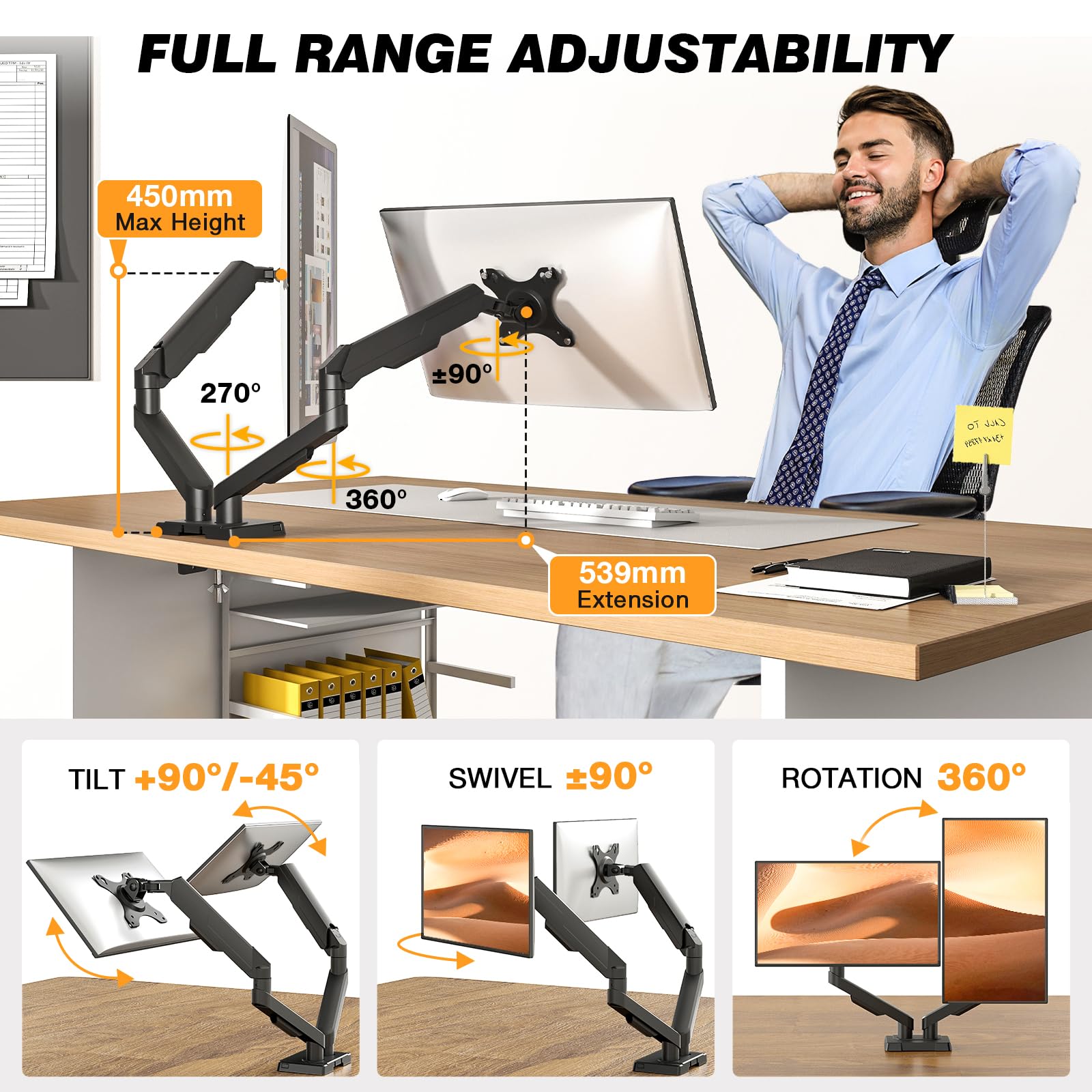 TVON Support Ecran PC 2 Ecran de 17 à 35 Pouces Bras Ecran PC Réglable en Hauteur avec Inclinaison Rotation Swivel VESA 75/100mm Capacite de Charge 2-10kg
