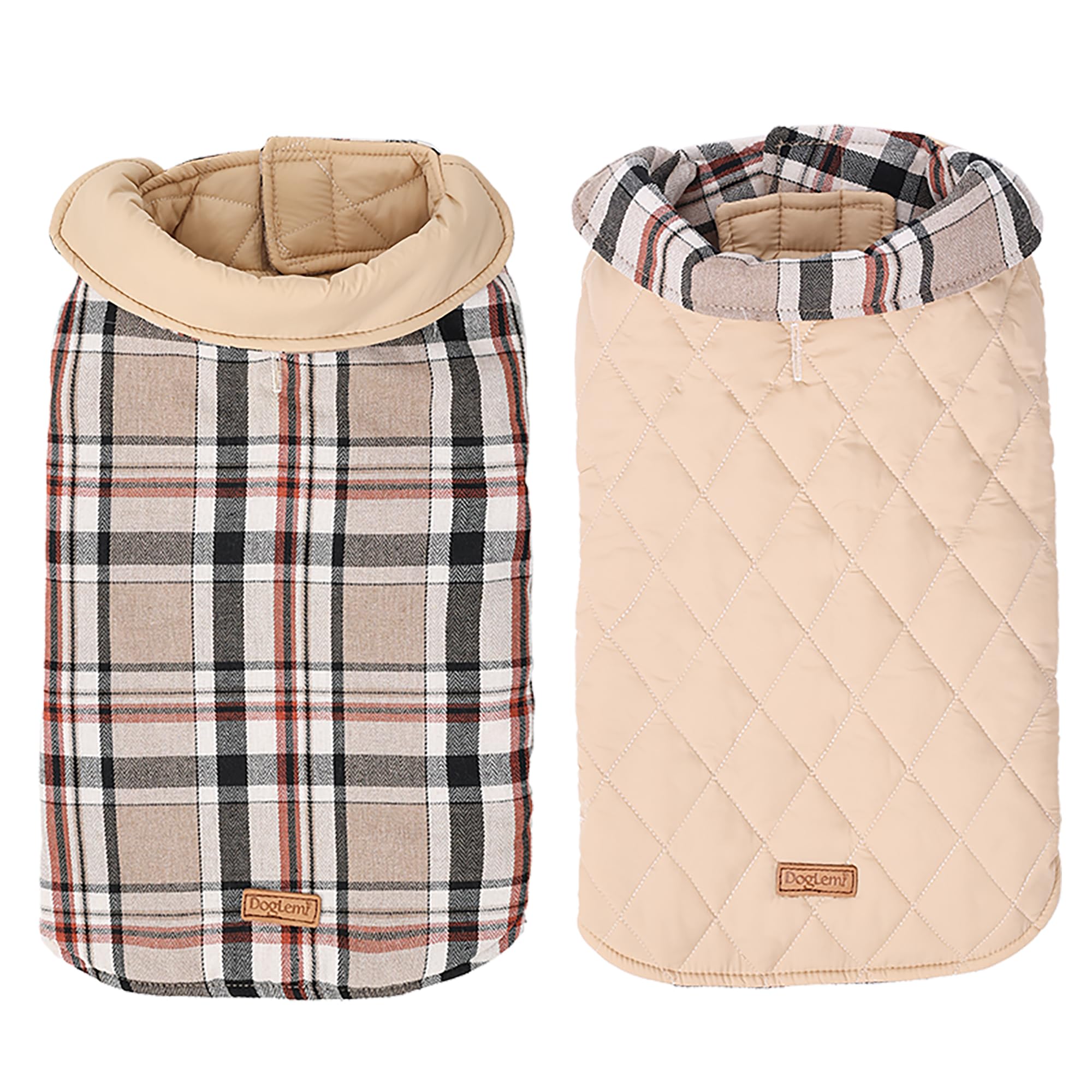 Duuclume Dog Plaid Coat,Reversible Dog Coat Pet Cold Weather Winter Outdoorm,Jackets Adjustable Heat Preservation and Waterproof for Small Medium Large Dogs (Beige/XL)