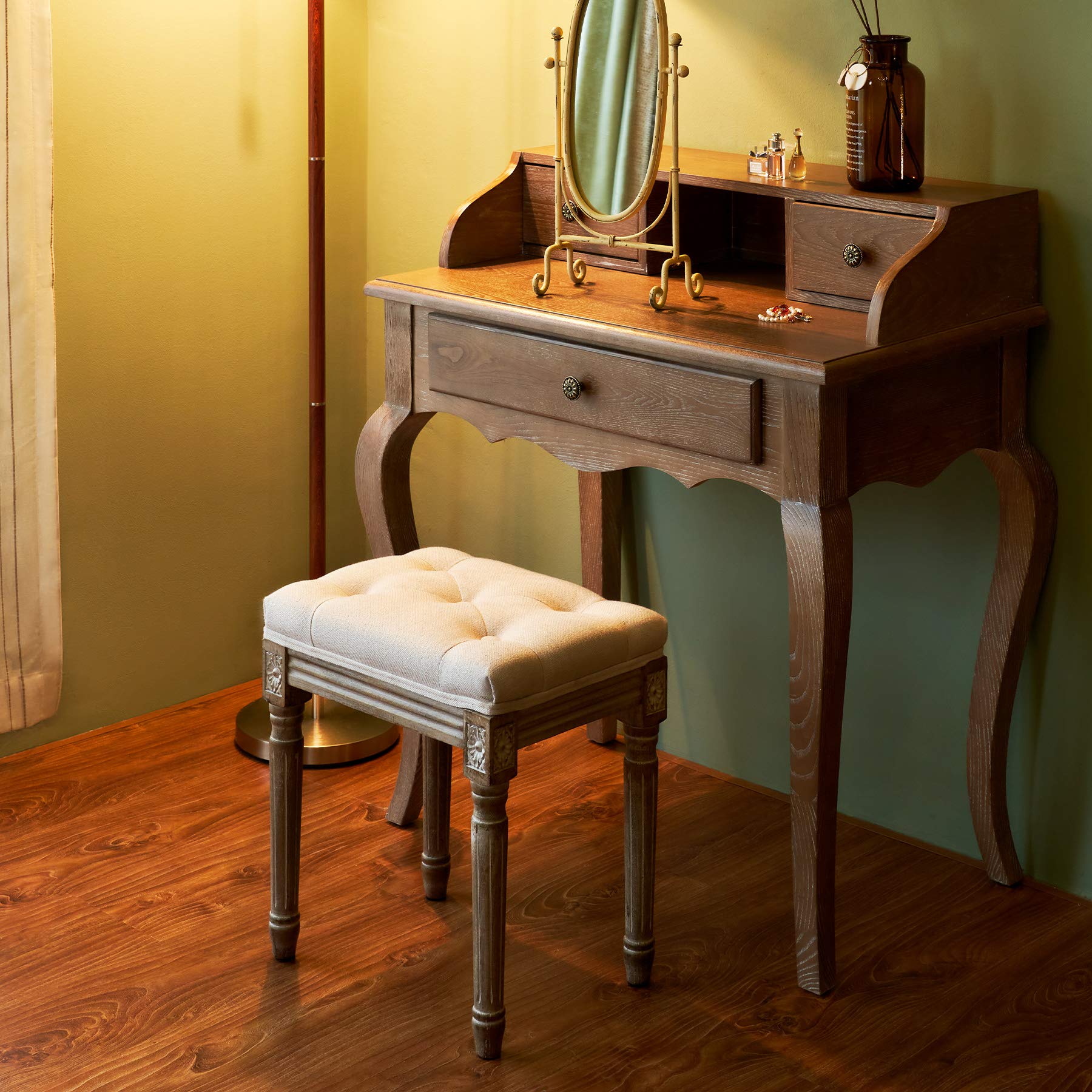 VONLUCE Taburete de Estilo Vintage con Patas de Madera - Taburete de Piano y Entrada para Dormitorio o Sala de Estar - 30x40x47cm