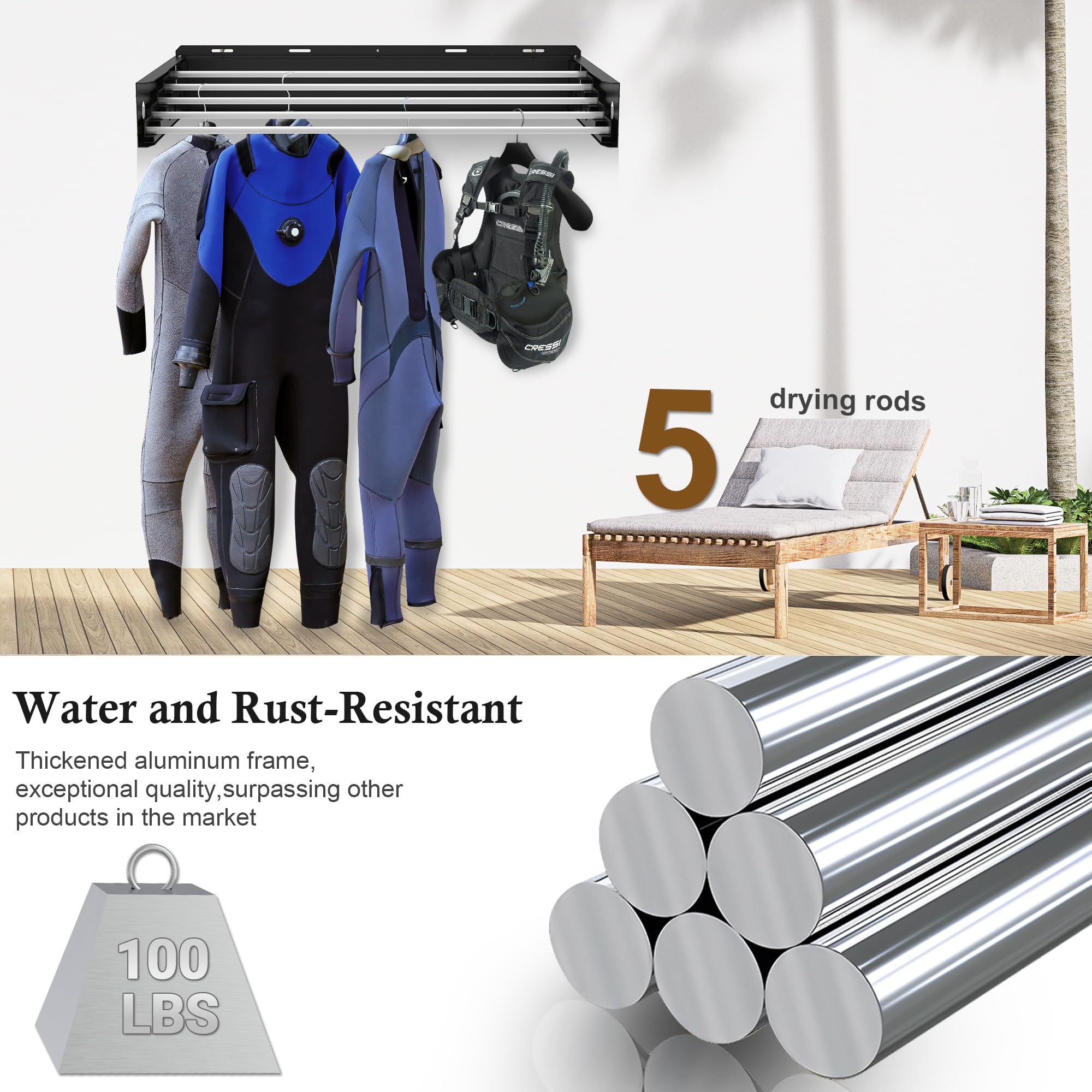 Estante de secado montado en la pared, estante de secado de lavandería, plegable, ahorro de espacio con 5 varillas de aluminio, capacidad de 60 libras, estantes de secado extraíbles para