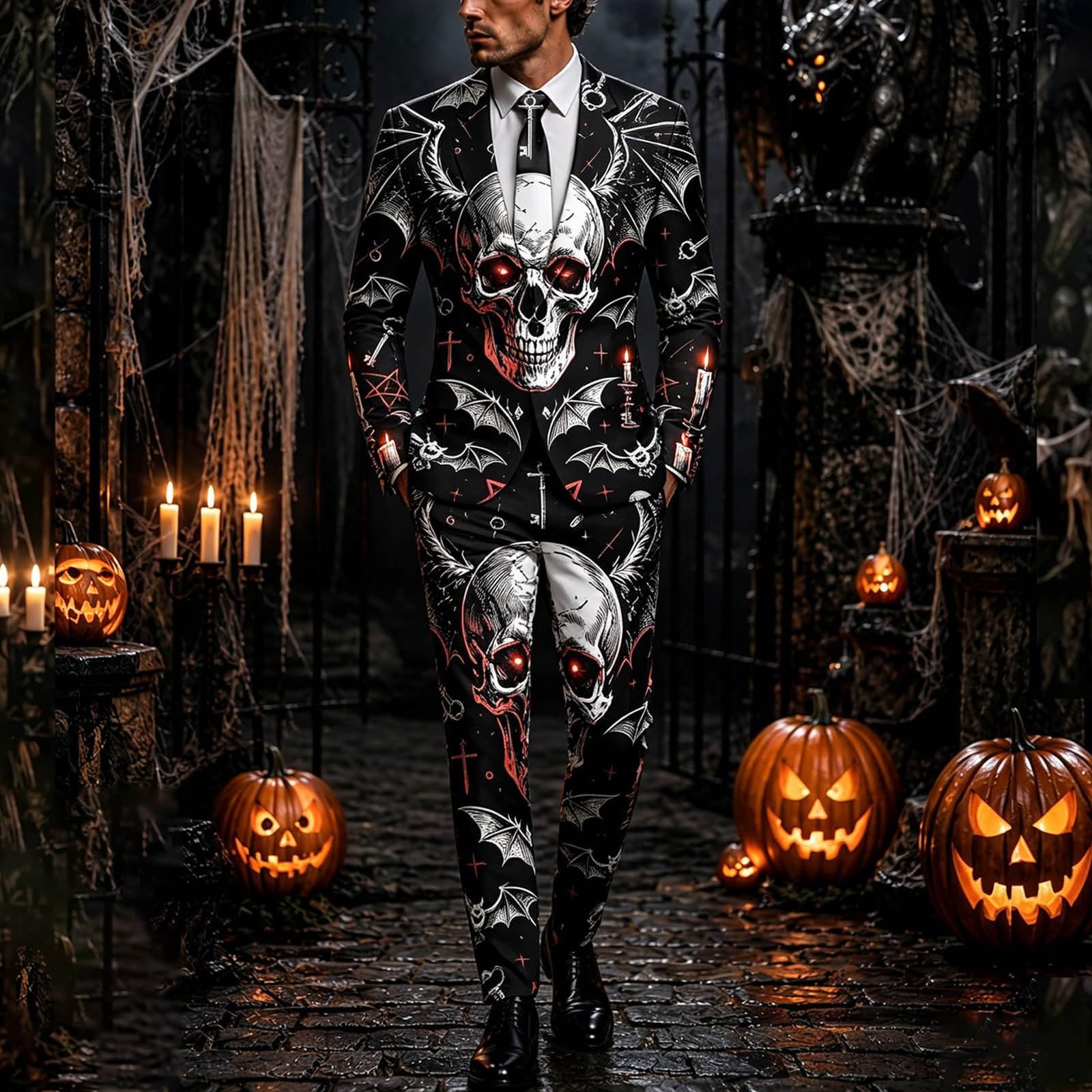 Generisch Halloween Anzug Herren 2 Teilig Anzug Slim Fit mit Halloween-Print Herrenanzug Elegante Anzüge Modern Jacke Stilvolle Sakko für Partys Veranstaltungen Blazer Mantel Festlich Kostüm