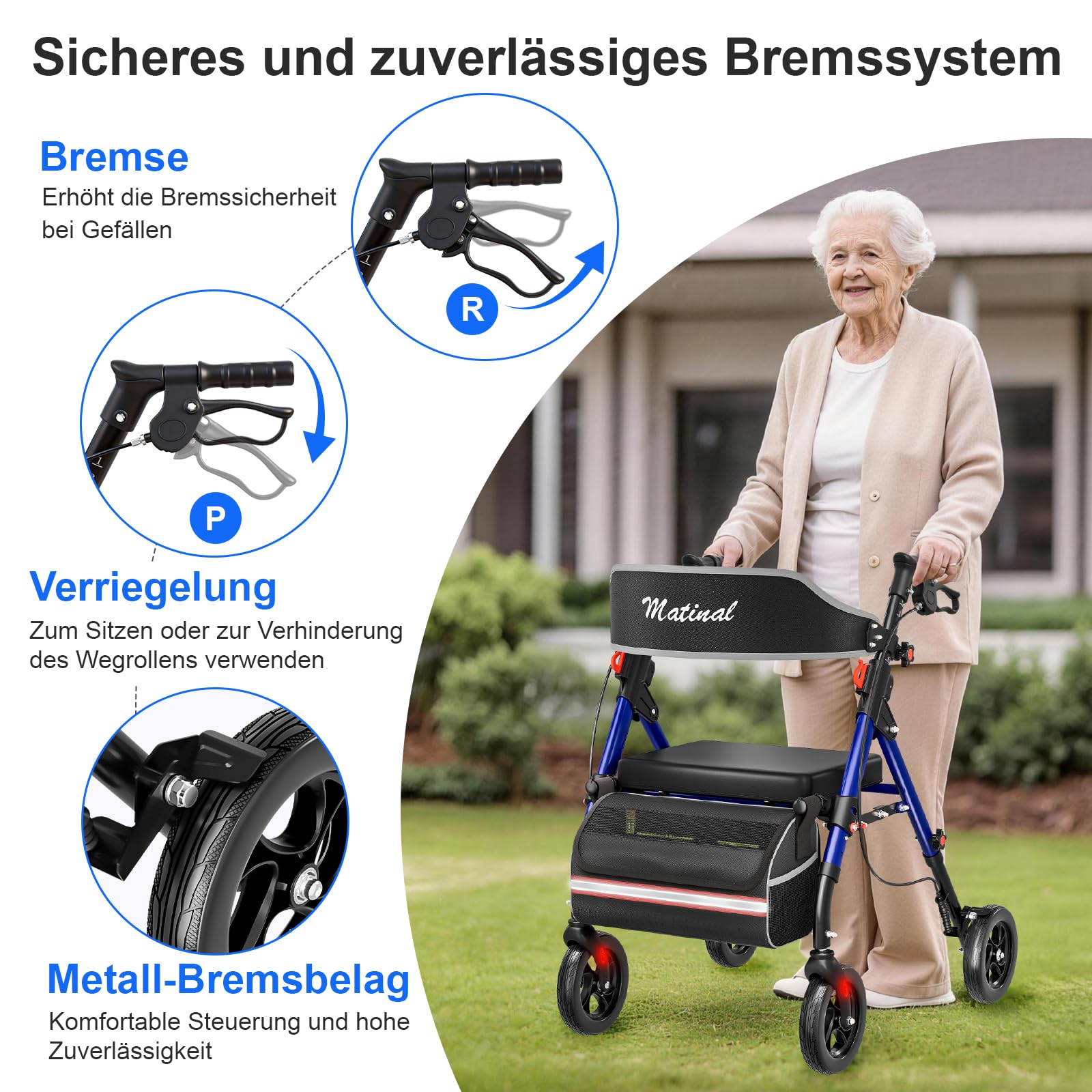 Andador plegable y ligero con asiento, andador para personas mayores de hasta 160 kg, con ruedas de 8 pulgadas y dirección de 360°, altura regulable en 6 posiciones, adecuado para uso diario