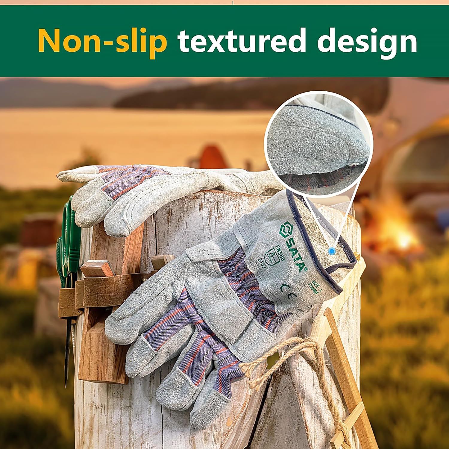 SATA Heavy Duty Halfleather Work Gloves, Doublelayer Cowhide, Cotton Lining, Leather Palm, Gardening, Yard Gloves - Image 3