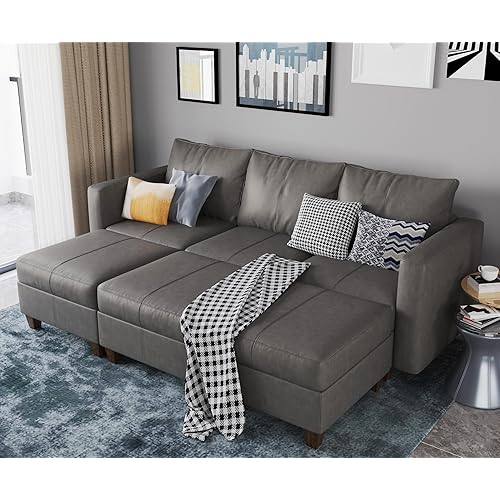 EASE MOOSE Faux Leather Sectional Modular Sleeper Sofa Couch with Storage, Faux Leather Modular Sectional Sofa Bed Gray