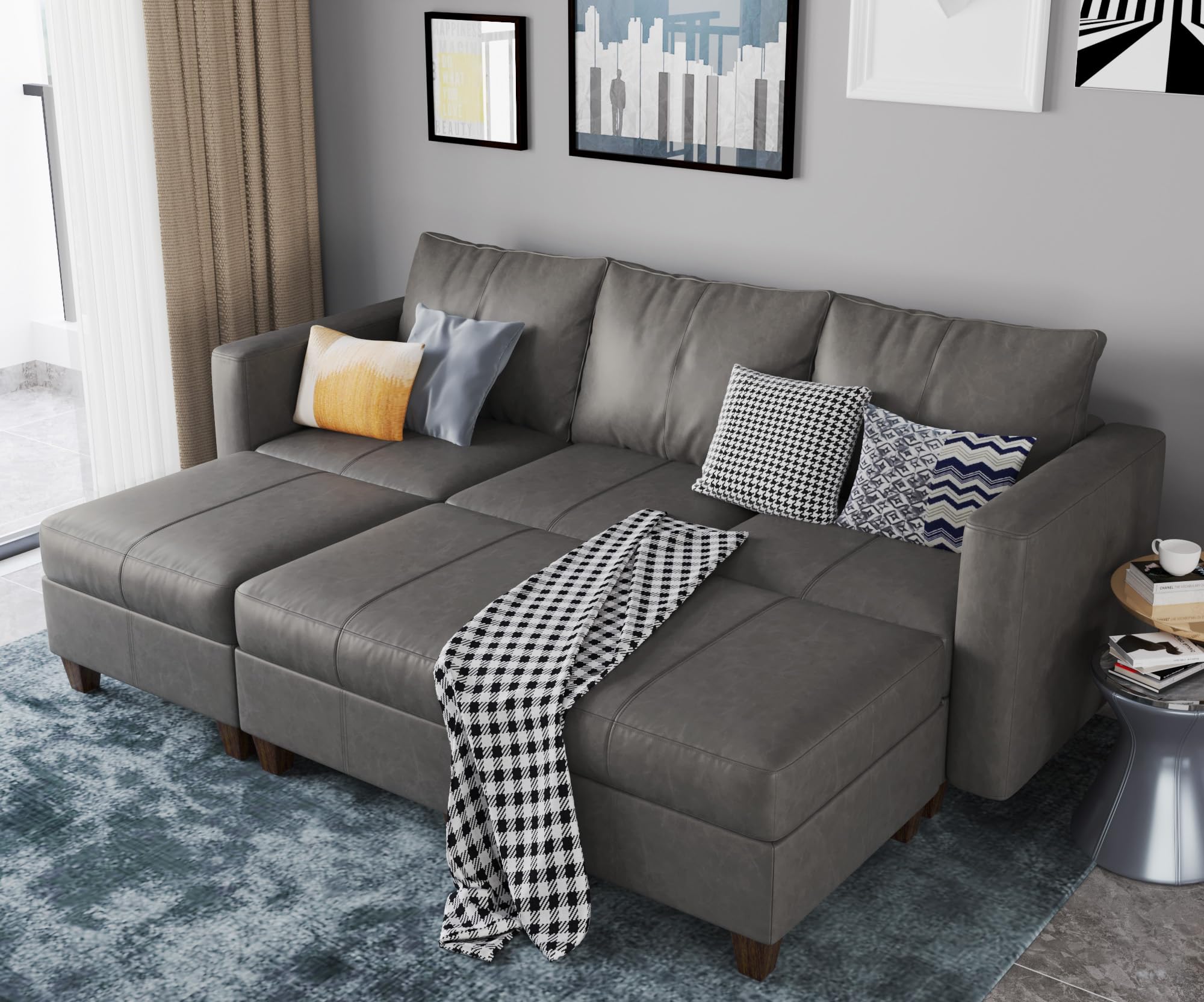 EASE MOOSE Faux Leather Sectional Modular Sleeper Sofa Couch with Storage, Faux Leather Modular Sectional Sofa Bed Gray