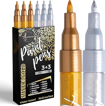 Amazon Paint Pens ペイントペン ロックペインティング 石 セラミック ワイングラス 木 布 生地 キャンバス 金属 スクラップブック 6パック ゴールド3本 シルバー3本セット アクリル ペイントマーカー 極細 チップ 0 7mm 油性 文房具 オフィス用品