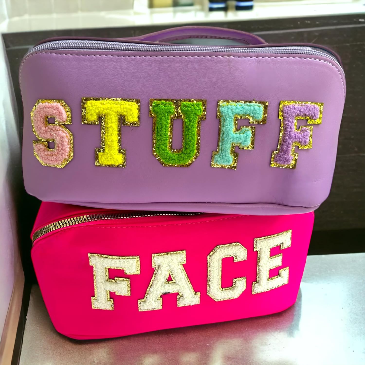Chenille Letter Bags for Makeup- 2Pcs Set Face & Stuff Large Capacity Preppy Bags for Travel, Lay Flat Nylon & PU Leather Cosmetics Toiletry Makeup Bags (Hot Pink + Purple)