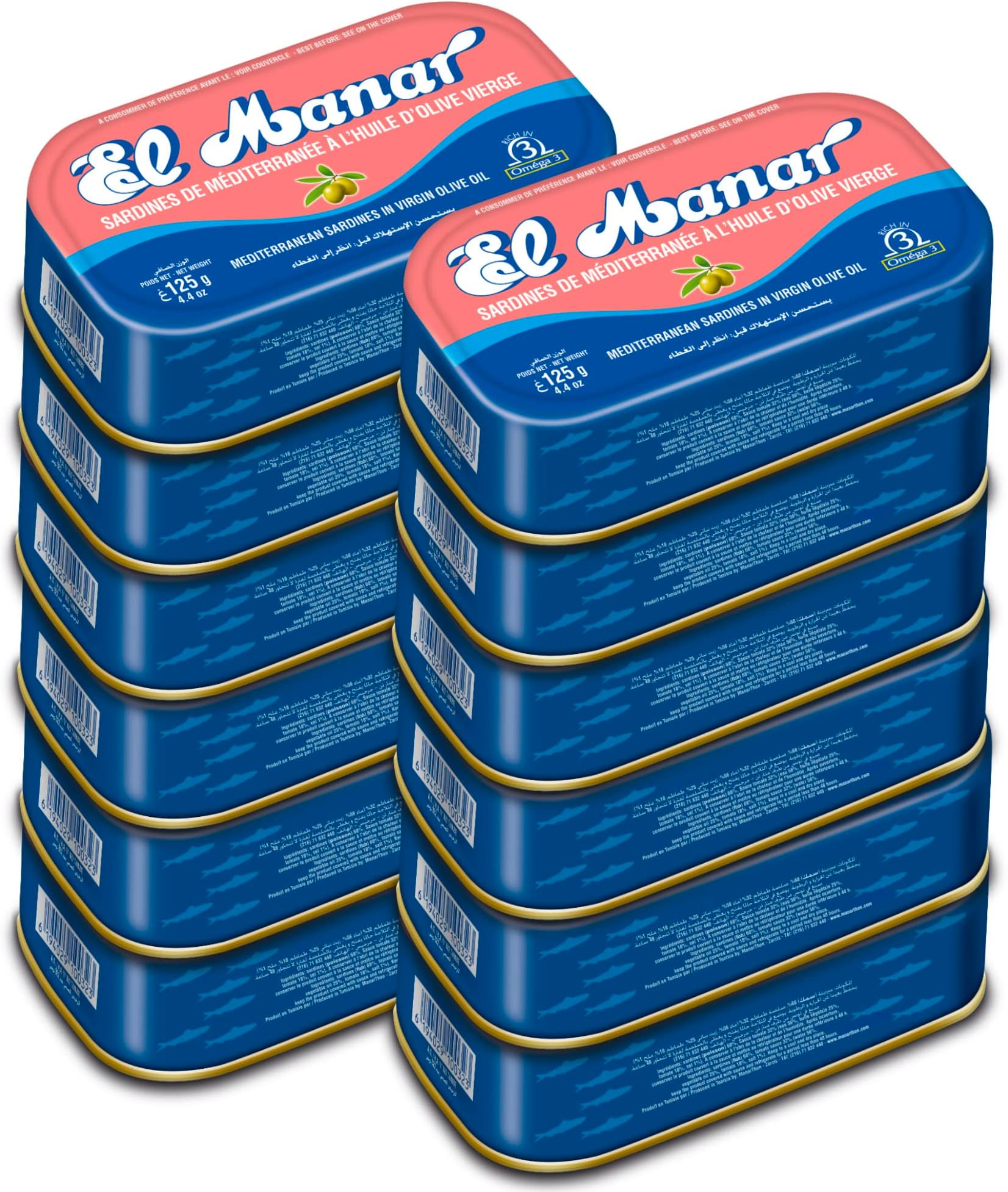 Canned Sardines in Olive Oil - Canned Mediterranean Sardines without Heads, from El Manar - 12-Pack of 125g Tins