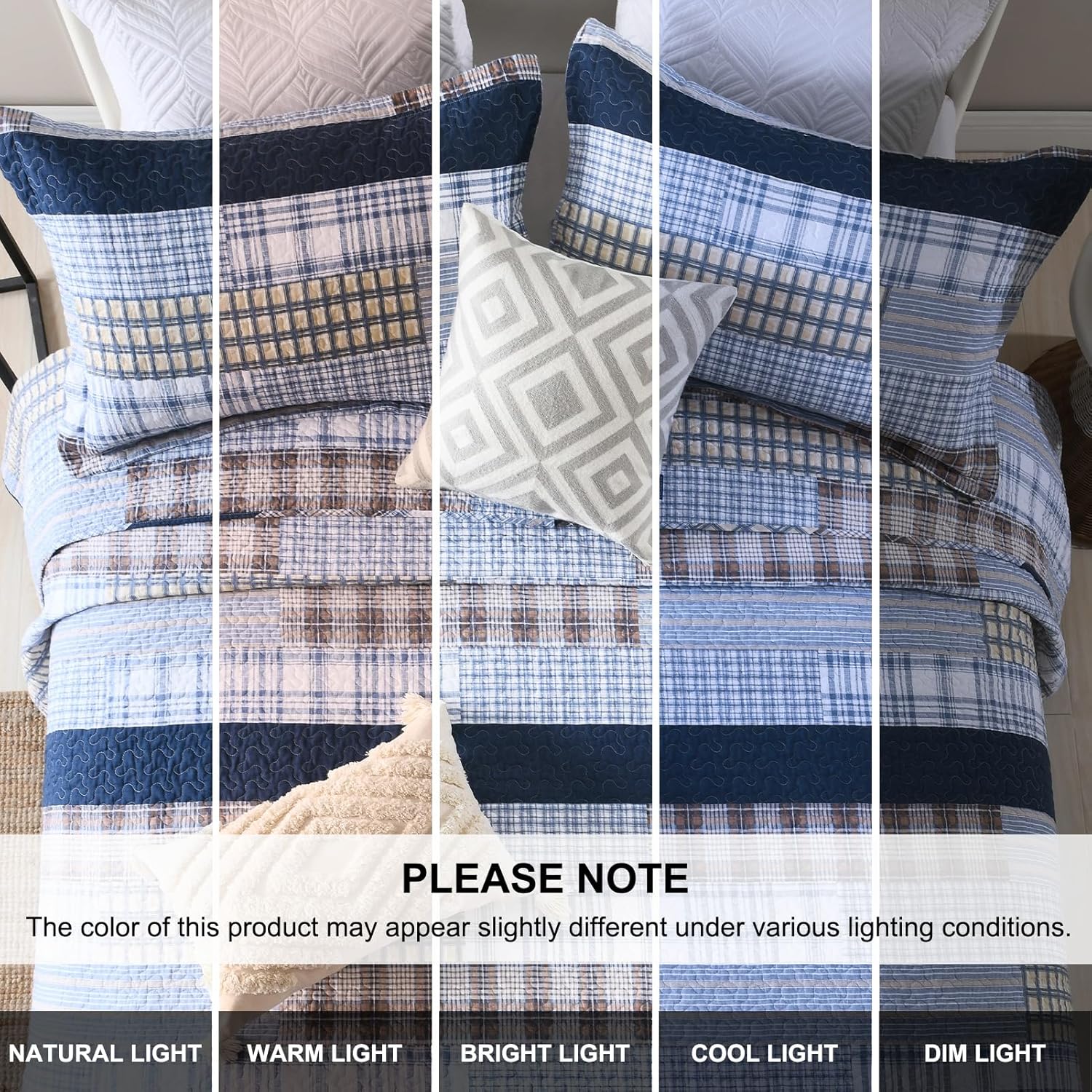 PERHOM Quilt Queen Size - 100% Cotton Queen Quilt Sets, Cozy Patchwork Plaid Queen Size Quilt Bedding Set, Blue Brown Beige Lightweight Rustic Farmhouse Reversible Bedspreads for All Seasons