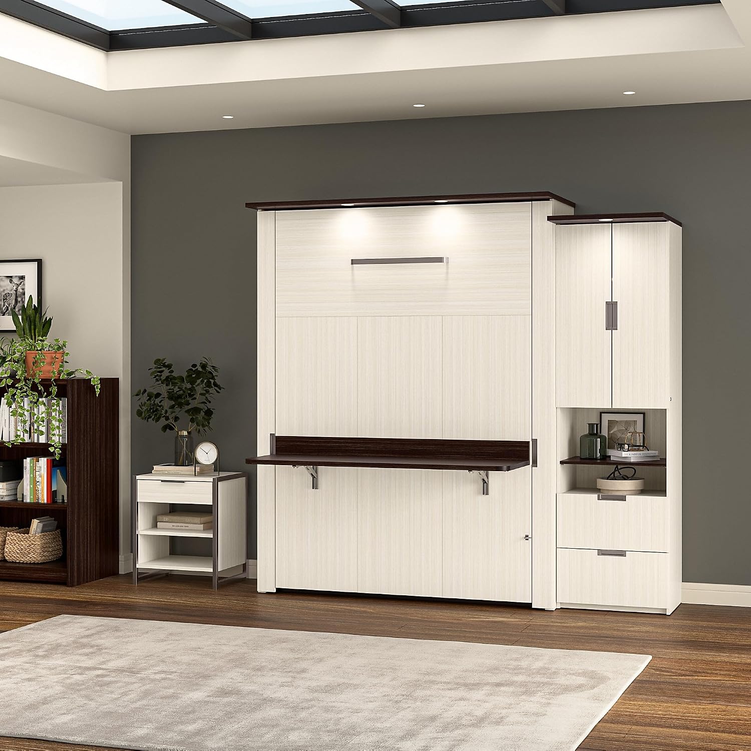 Bestar Lumina 91W Queen Murphy Bed with Desk and Storage Cabinet in White Chocolate, Sleeping Arrangement with Drawers