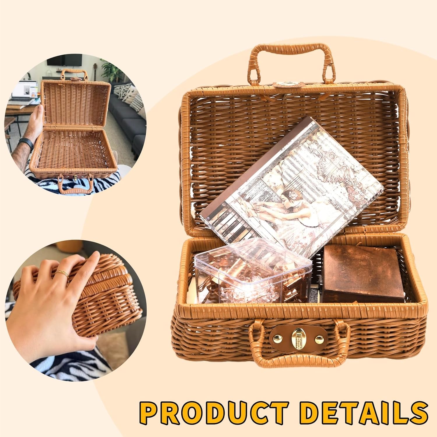 Covzoe Small Wicker Picnic Basket, Vintage Rattan Suitcase with Handle, 10.5" Rustic Storage Hamper Prop Case with Leather Strap Lock, Plastic Storage Box Makeup Organizer for Sundries Camping Travel