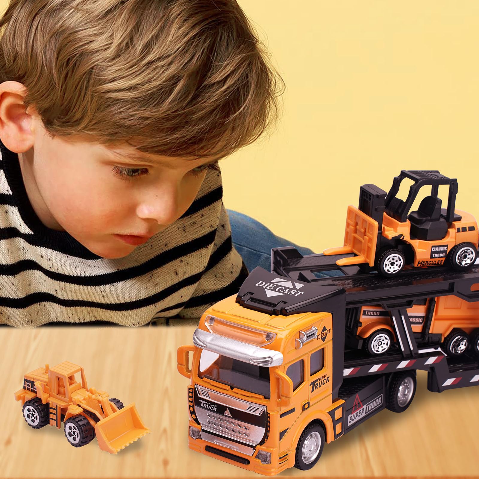 VBACALA Auto Trasportatore Giocattolo 7 Pezzi Set-Mini Cantiere Veicoli Camion, Diecast Tirare Indietro Auto in Metallo, Escavatore Giocattolo per Bambini 3+ Anni,Giocattoli Educativi