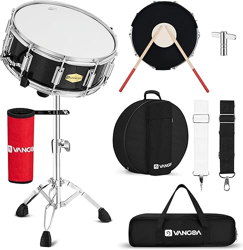 Kit de tambor snare Vangoa con cabeza Remo de 14" x 5.5" para estudiantes de banda escolar de marcha principiantes con soporte, soporte para Negro