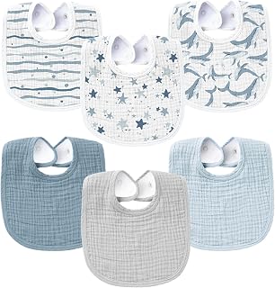 Konssy 6-Pack Muslin Baby Bibs for Boys & Girls, Soft Cotton Absorbent Bandana Drool Bibs for Drooling & Teething