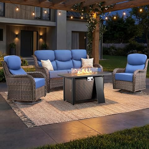 Luxury Swivel Rocker Chairs Fire Pit Table Set with Cushions, 4-Piece Outdoor Wi