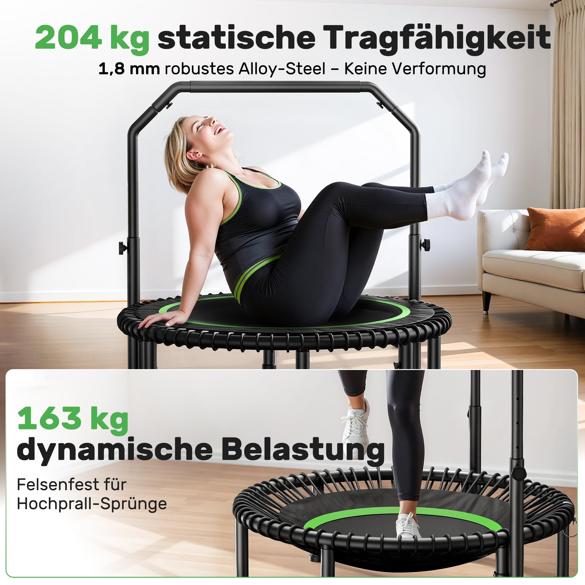 Trampolina BCAN 102/122 cm dla dorosłych, udźwig 204/250 kg, linki bungee, regulowany uchwyt, stabilna, cicha, do użytku wewnątrz/na zewnątrz, trening całego ciała, relaks w domu