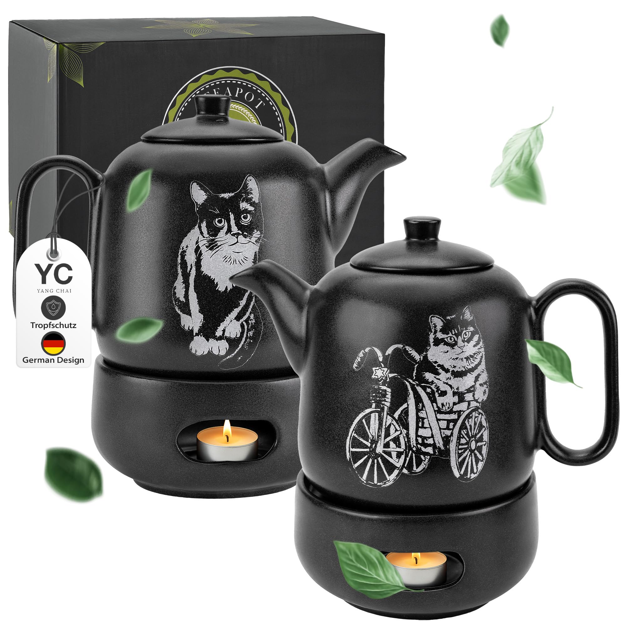 YC Yang Chai Teekanne mit Stövchen - Keramik Schwarz Matt 1.3L - Teekanne mit Siebeinsatz - Tropffrei & Hitzebeständig - Handgefertigte Keramik Tee Kanne - langanhaltende Wärme - YC GATOLO