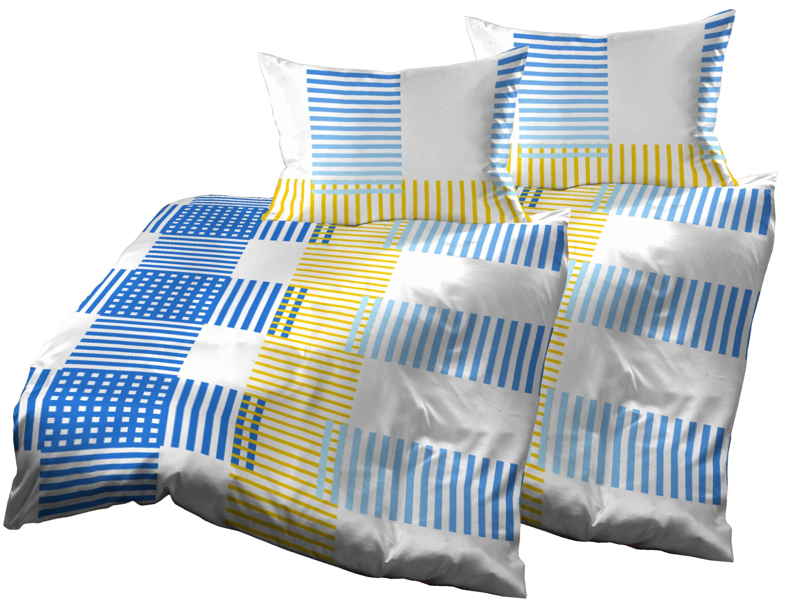 Parure de lit 4 pièces microfibre carreaux bleus blancs jaunes 140x200