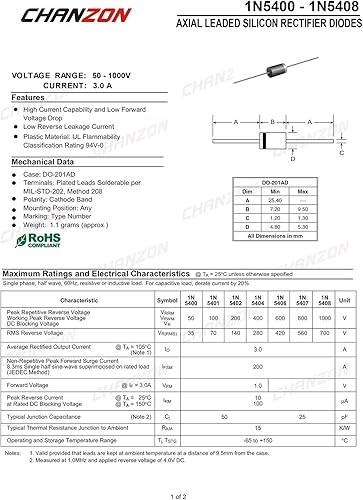 Miniatura 10 de Paquete de 50 diodos rectificadores Chanzon 1N5408 3A 1000V DO-201AD (DO-27) Axial 5408 IN5408 3 Amp 1000 V diodos electrónicos de silicona