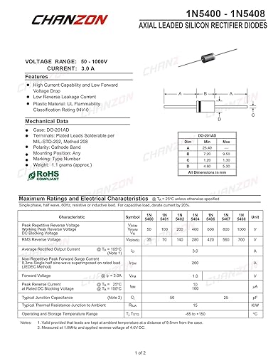 Miniatura 2 de Paquete de 50 unidades Chanzon 1N5401 Rectificador Diodo 3A 100V DO-201AD (DO-27) Axial 5401 IN5401 3 Amp 100 Voltios Diodos de Silicio Electrónicos