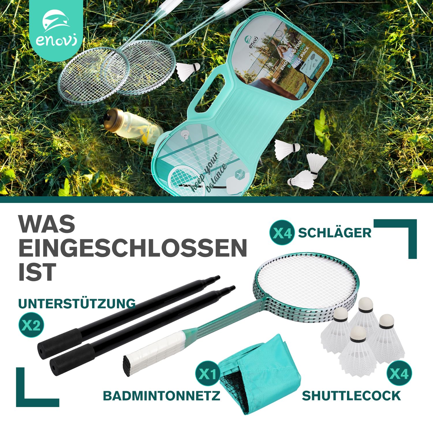 EasyGo Federball Set, Badminton Set mit 4 Schläger, Badminton Netz, 4 Federball, Tragbare Aufbewahrungsbox