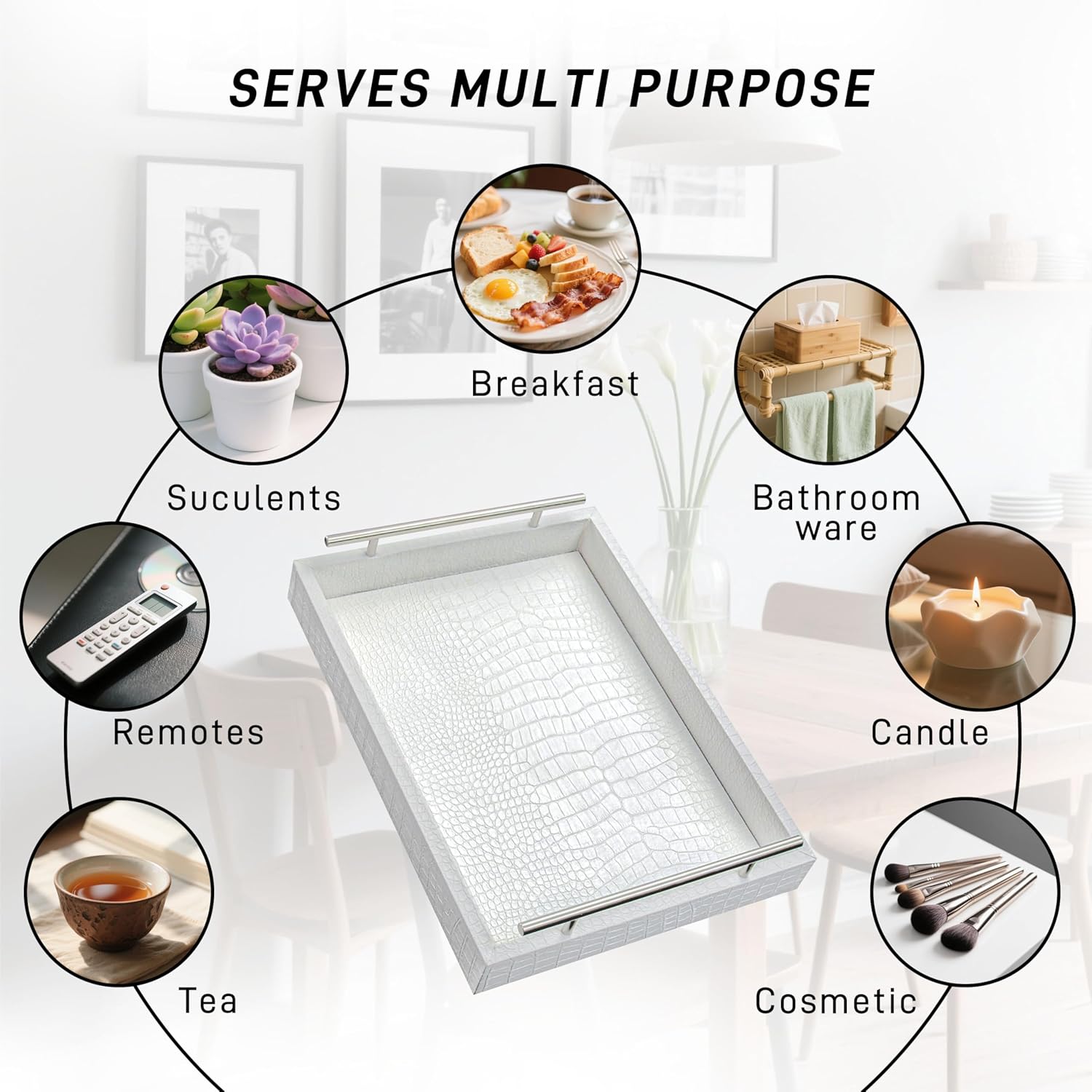 White Leather Serving Tray with Silver Handles, Rectangular Tray for Coffee Table, Ottoman, Alligator Faux Leather, Decorative Trays for Home Decor, for All Occasions, 16" x 12" - Image 4
