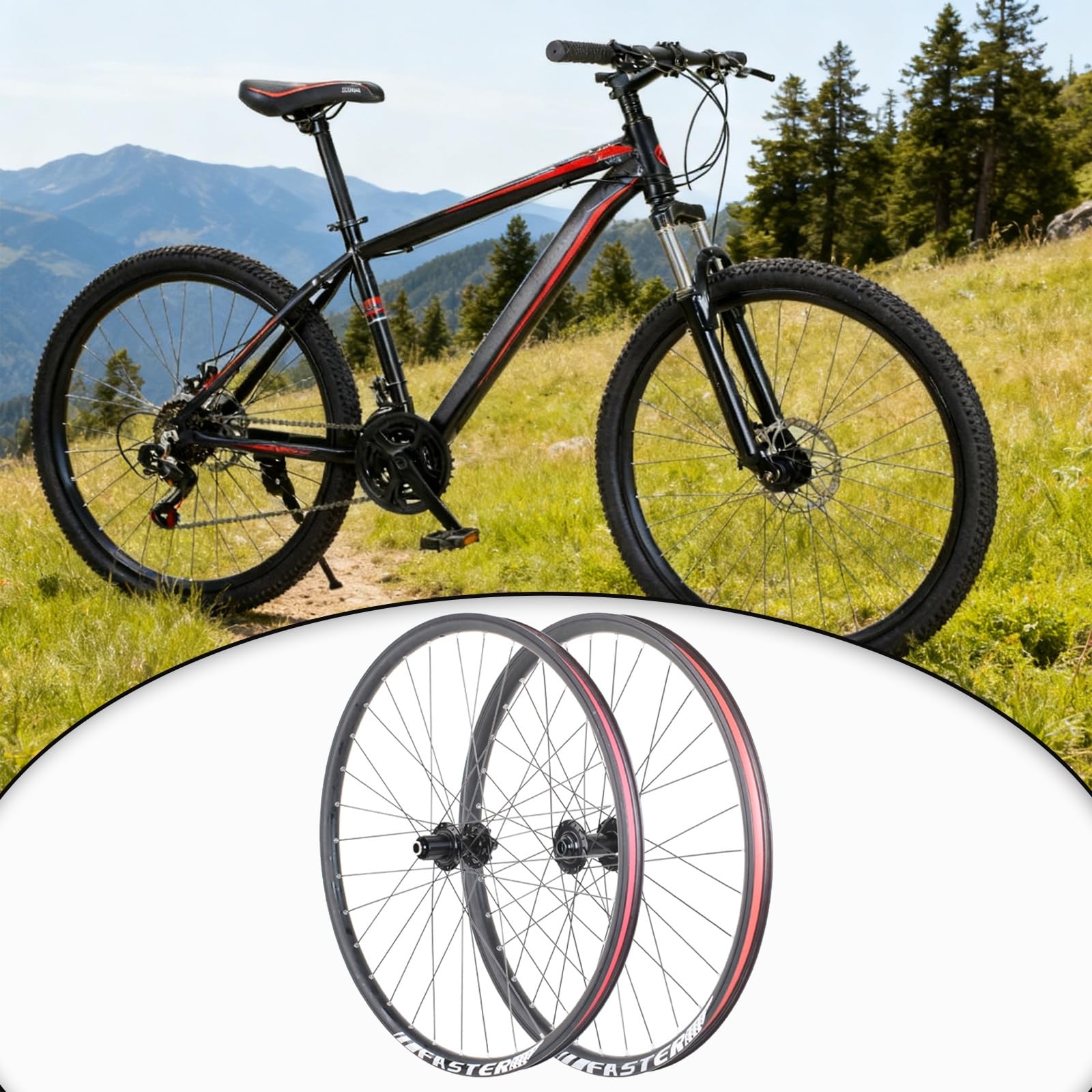 24/26/27,5/29" MTB zestaw kół jezdnych z osią wtykową (110 x 15 mm / 142 x 12 mm), aluminiowa dwuwarstwowa felga, 32 otwory, piasta hamulca tarczowego do kaset od 8 do 12 rzędów