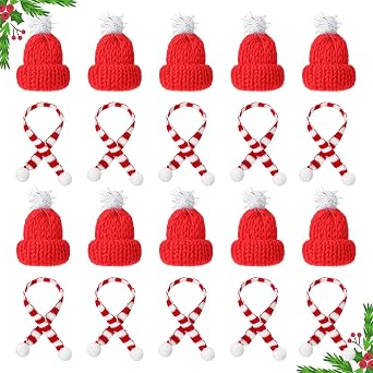 Amabro 20PCS Mini Christmas Knit Hats and Scarf Set, Mini Santa Hats Scarves for Crafts Miniature Christmas Decorations Ornaments for Xmas Tree DIY Art Snowman DollRed