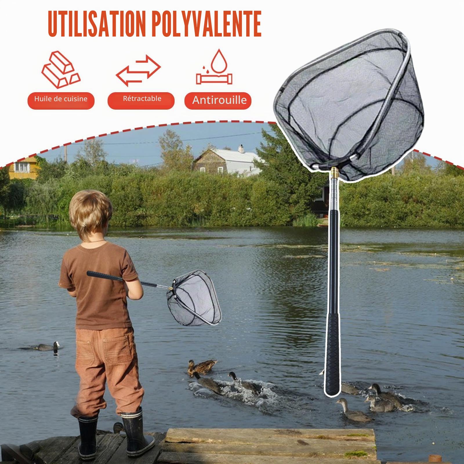 Kit de Filet de Pêche évolutif pour Volaille,Filet pour Attraper les Poulets,Crochet pour Pattes en Acier Inoxydable,Outil de Capture pour Poulets,Canards,Poissons,37 à 151cm de Longueur Extensible