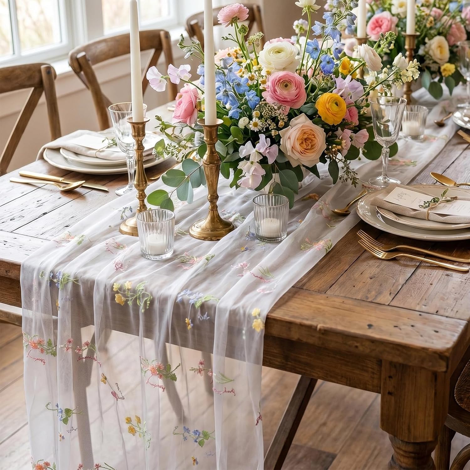 10Ft 1Pcs Generic Wildflower Embroidery Table Runner | Butterfly Decor Bohemian Table Runner for Dining Room Coffee Table Wedding Party Home Decor (Ivory White)
