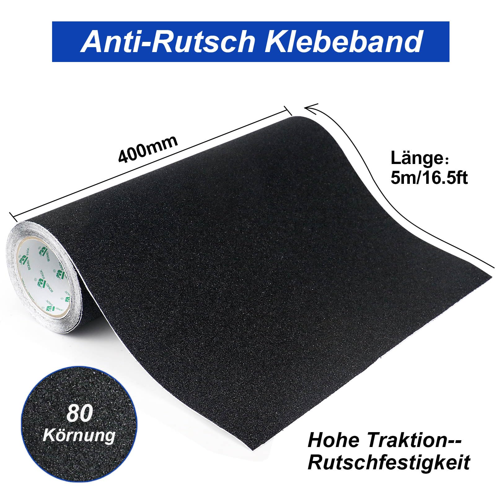 BOMEI PACK Ruban adhésif antidérapant pour escalier, skateboard, 400 mm x 5 m, noir, bande de traction solide, niveau de sécurité antidérapant, marches de sécurité antidérapantes pour l'intérieur et
