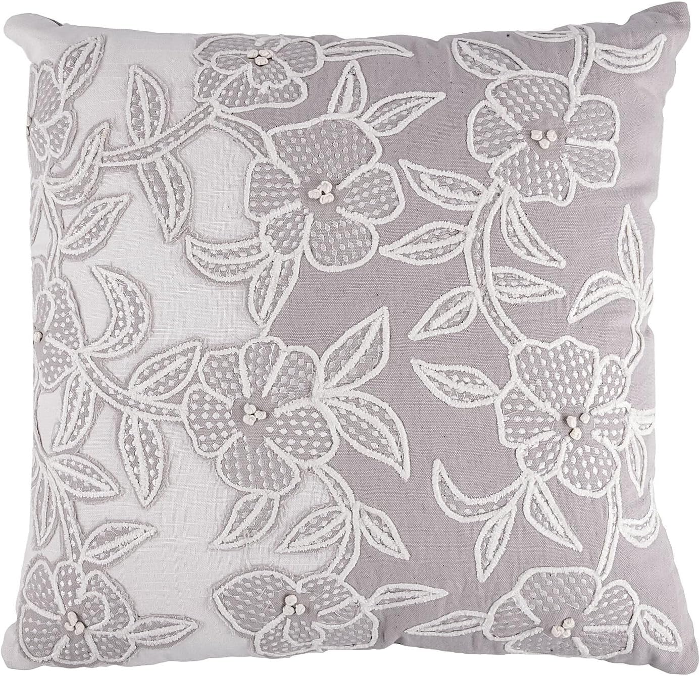 Boho Style Floral Printed Cotton Embroidered Square Decorative Pillow Decorative Throw Pillow Covers, Handmade 18x18 (Silver Flowers)
