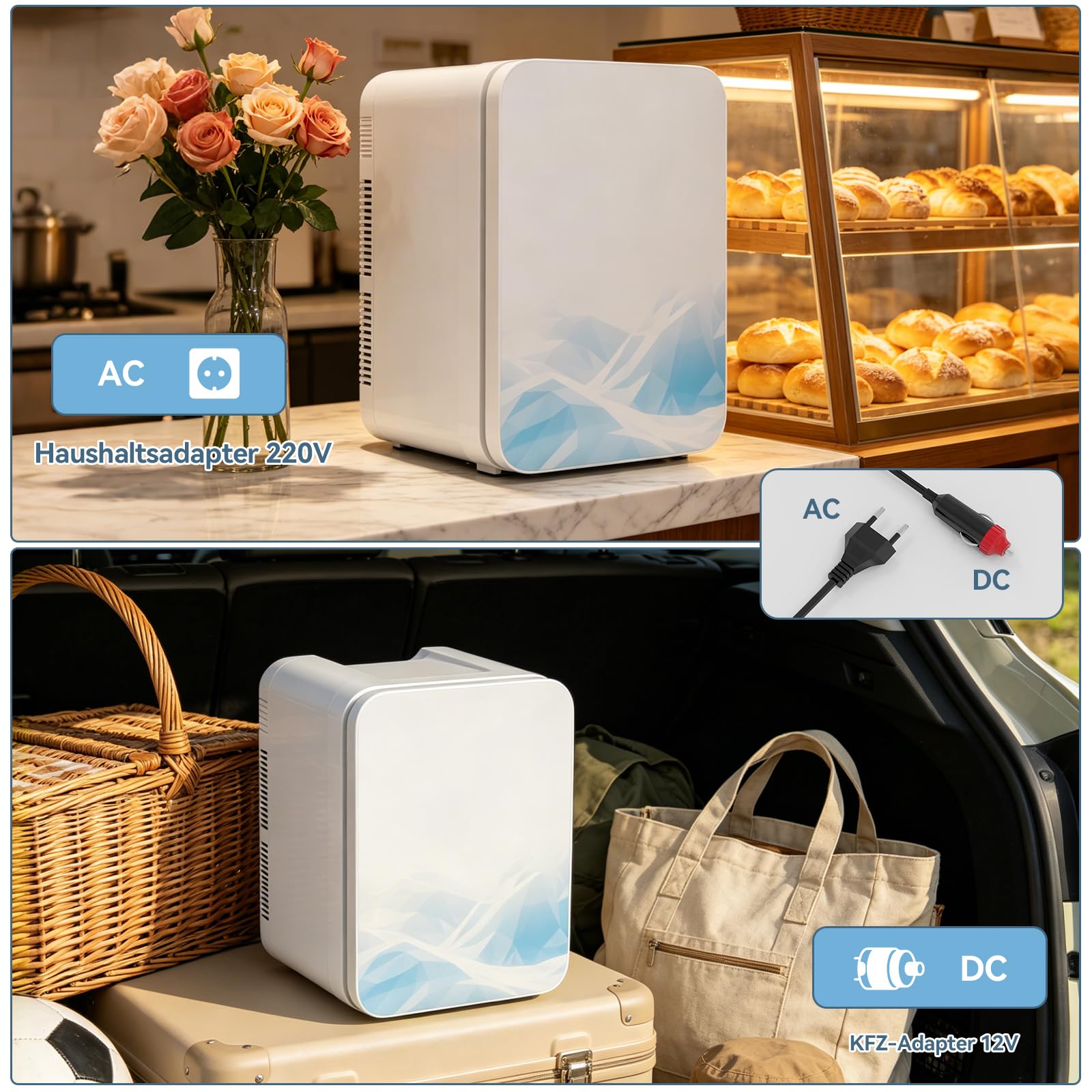 Mini Kühlschrank 20L,2 in 1 Kleiner Kühlschrank,mit Eleganter Glasfront,220V AC/12V DC,Mini-Kühlschränke,Tragbarer Skincare Fridge für Kosmetik,Getränke,für Auto/Büro/Camping,Blau+Weiß