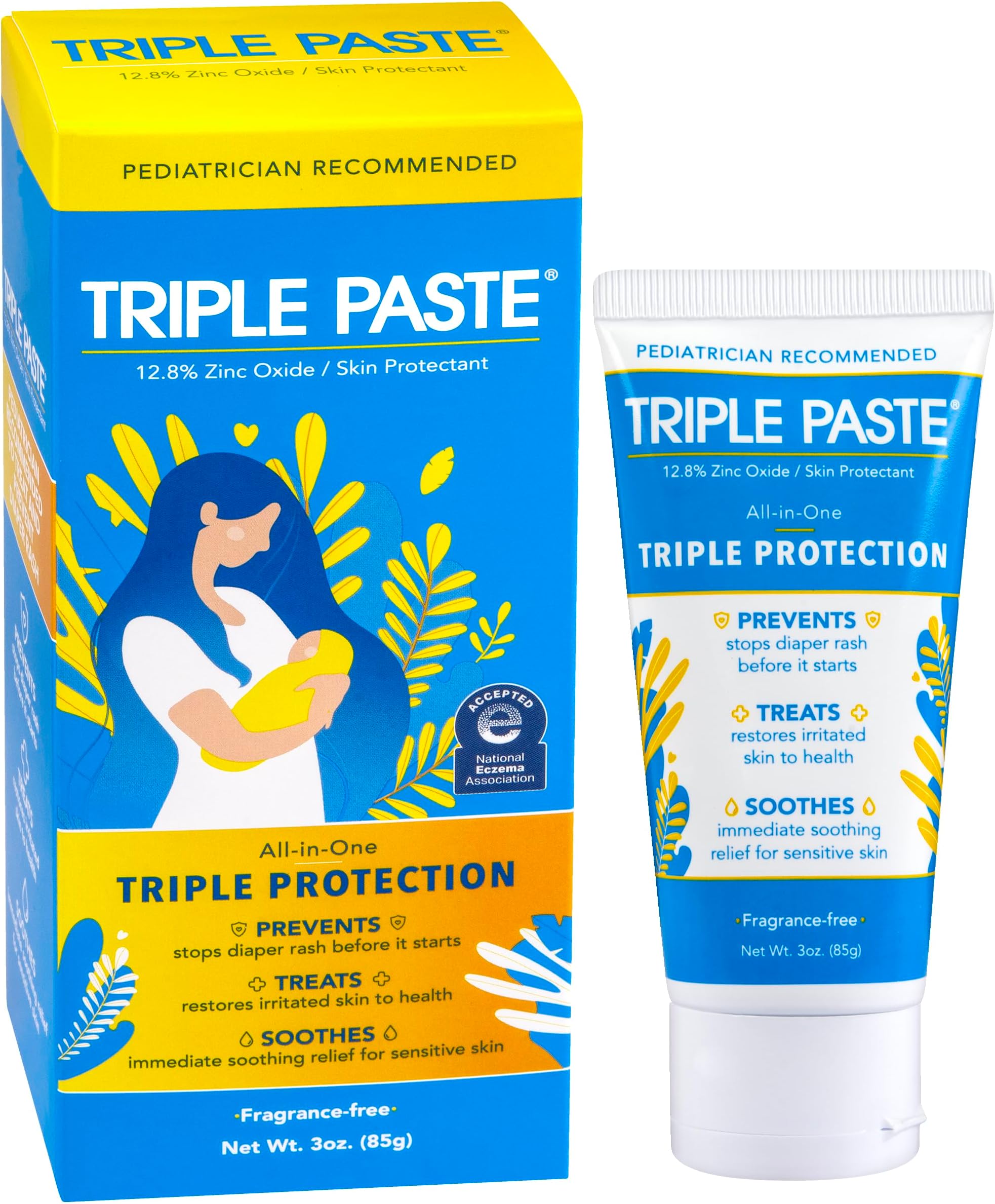 Triple Paste Diaper Rash Cream for Baby - 3 oz Tube – Zinc Oxide Ointment Treats, Soothes & Prevents Diaper Rash, Pediatrician-Recommended Hypoallergenic Formula, Baby Essentials for Daily & Overnight