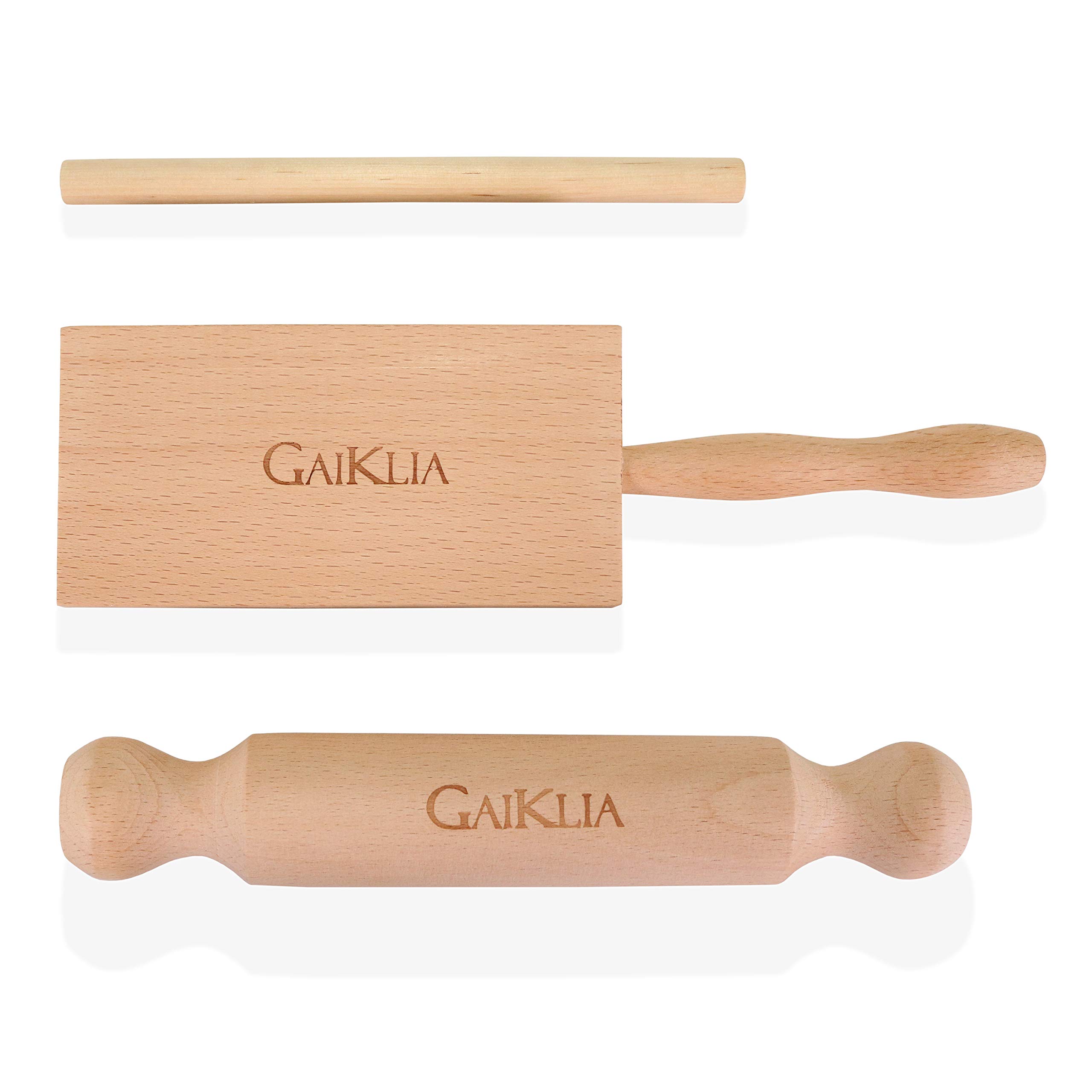 GAIKLIA Gnocchi Board with Paddle - Authentic European Beechwood Garganelli Homemade Pasta Stripper - Complete with Penne Rolling Dowel Pin